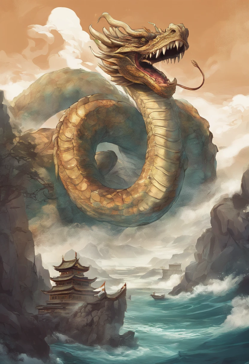 Dragon turtle,Huge, Heavy tortoiseshell shell,Chinese leader,The long tail of the snake,swell sea,China-style,oc rendered,super-fine,high qulity,A high resolution,
