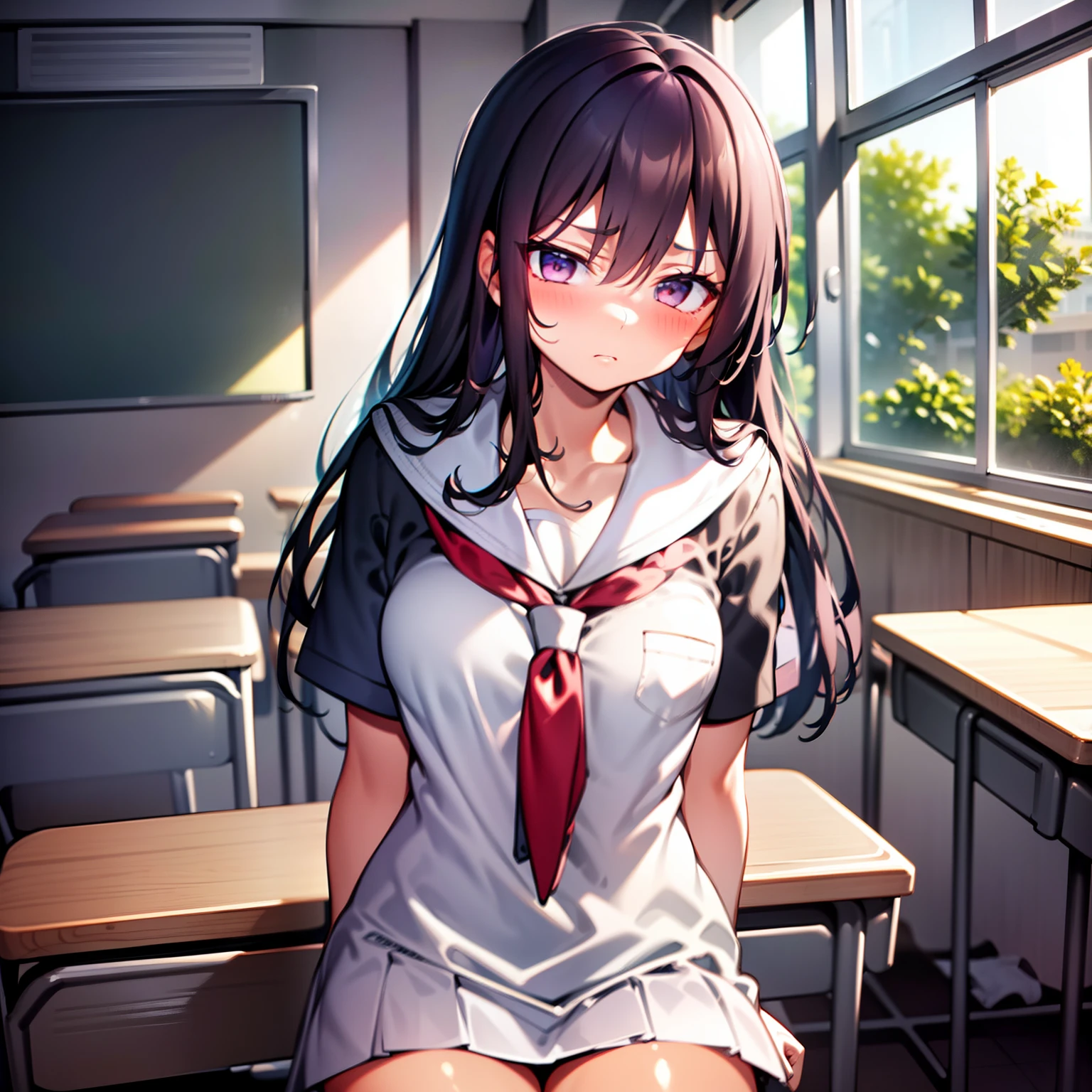 girl, bishoujo, small breasts, school uniform, dress lift, ((disdain)),(classroom),black hair,tanned skin,