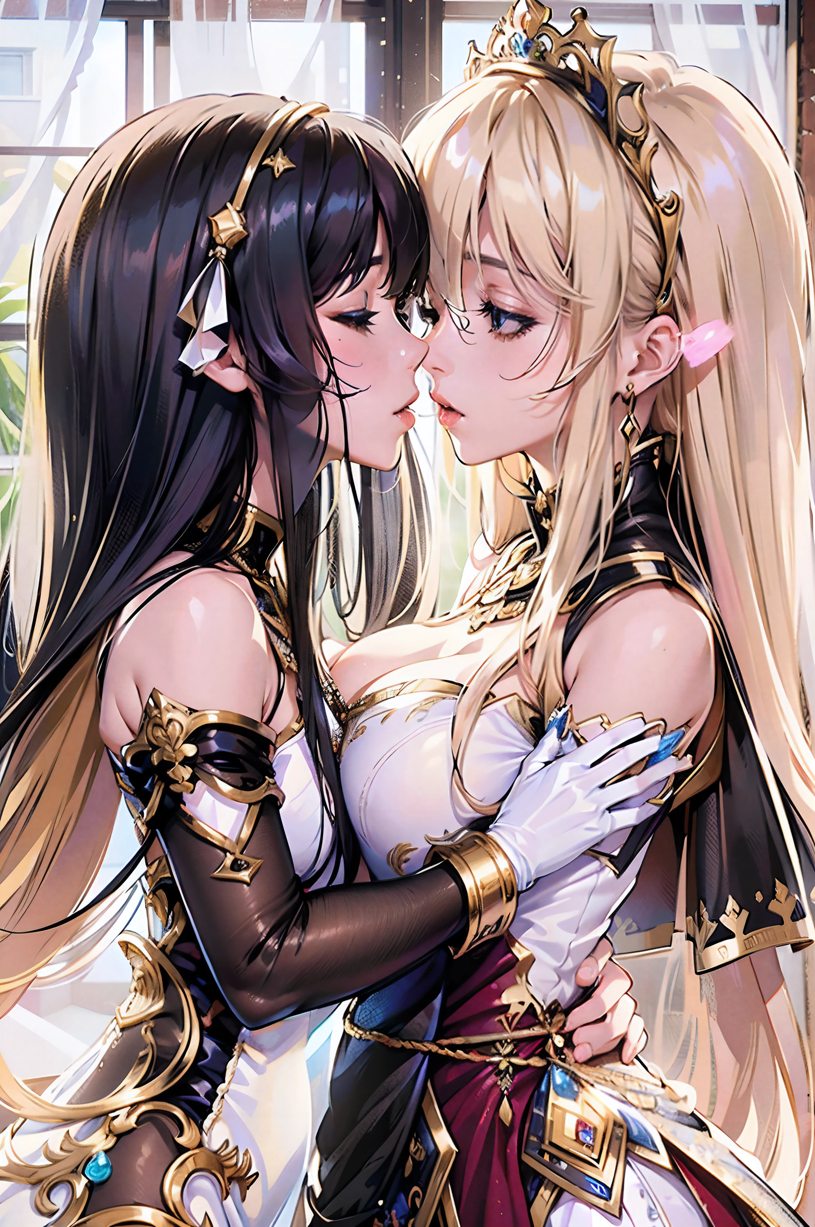 Masterpiece, Top Quality, Best Quality, High Resolution, Very Detailed, 2 girls, Shuten Douji, Oni, Horn, Yuri, intercourse, kissing, tongue_out, vaginal, pussy_juice, flat, full body, Cagliostro, long hair, blond, hairband, crown, black thighhighs, navel, pussy_outline, nipple_outline, womb tattoo