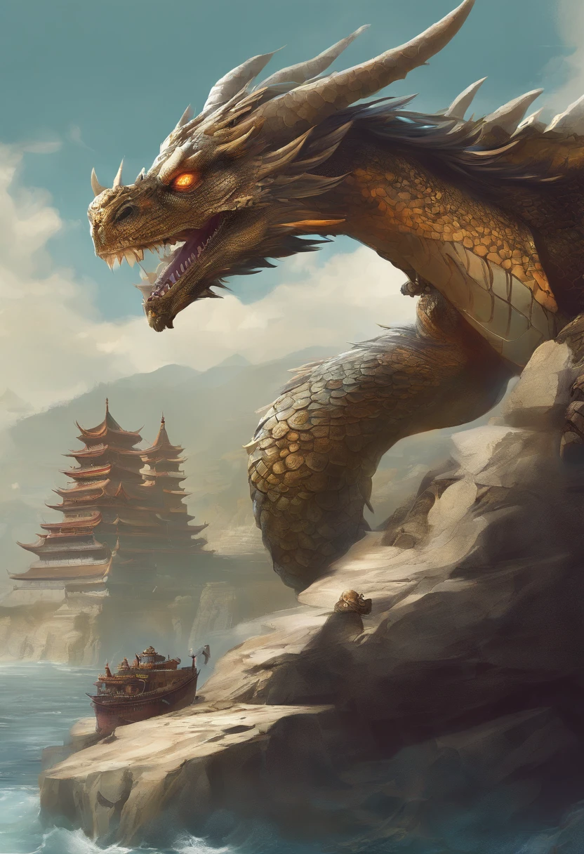 Dragon turtle,Huge, Heavy tortoiseshell shell,Chinese leader,The long tail of the snake,swell sea,China-style,oc rendered,super-fine,high qulity,A high resolution