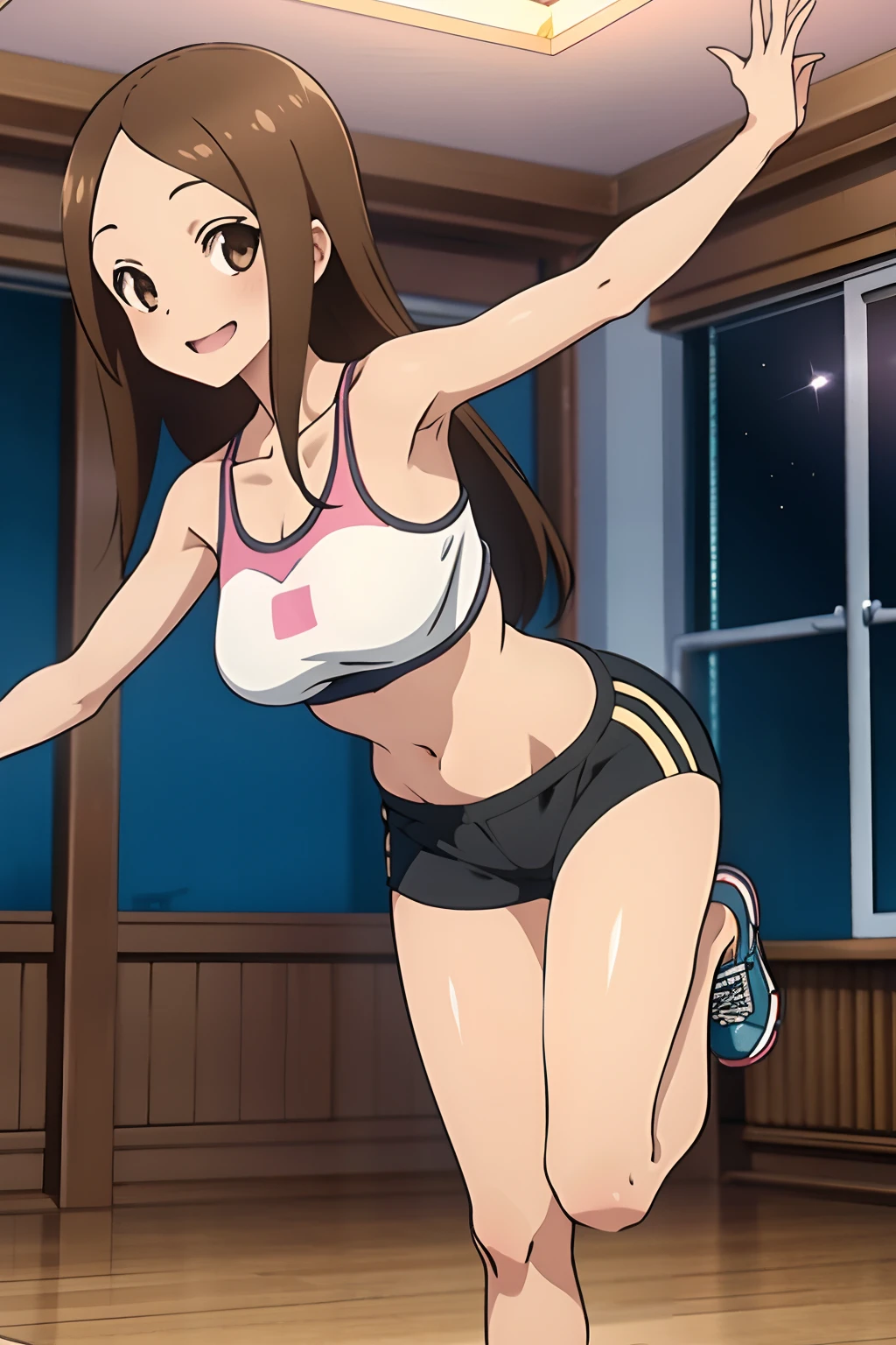 (Realistic),(Photorealistic),Takagi_San, 1girl in, Height 155 cm,Long hair, Brown hair, Part bangs, Brown eyes,White crop top,large full breasts,（exposed abdomen）,Pink Training Shorts,Black sneakers,Forehead,Smile, Looking at Viewer,masutepiece,Big ass,Full body, Best Quality, volumatic light, Ray tracing,the Extremely Detailed CG Unity 8K Wallpapers,Smile,The background is a dance studio, light, Fantasia,magic sparks,