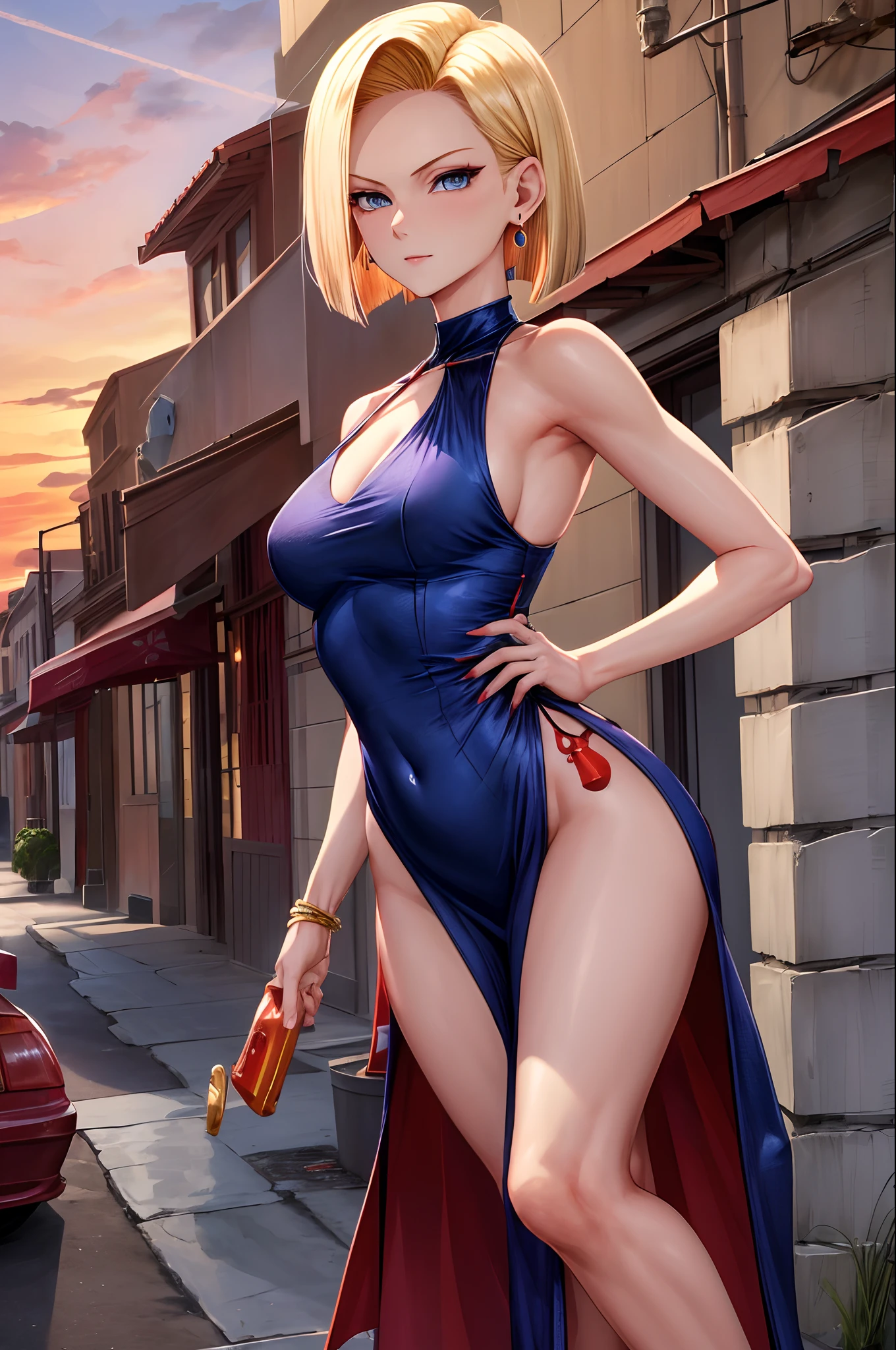 best quality, highres, and18, 1girl, android 18, solo, blonde hair, blue eyes, short hair, earrings, jewelry, medium breasts, cowboy shot, street, (She wears a red evening dress with a slit showing her leg., sunset,