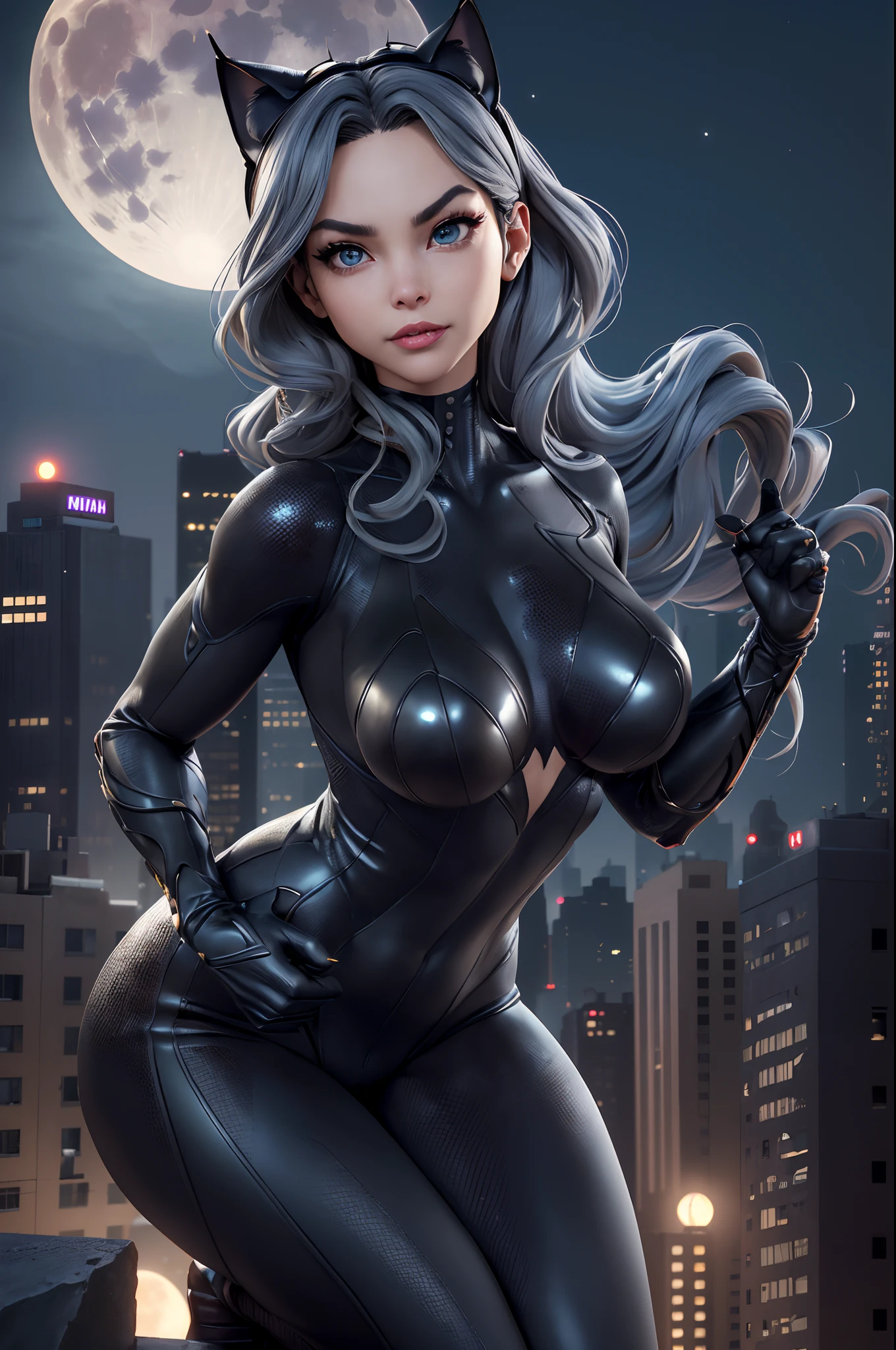 (​masterpiece、4K resolution、A hyper-realistic、ighly detailed)、(Black Superheroes theme、Charisma、There is a girl in a Catwoman costume above the town、She's a superhero)、 [((25-years old)、(Long grey hair:1.2)、full body Esbian、(blue eyess:1.2)、((Catwoman Pose)、show of strength、Jump from one building to another)、((Sandy urban environment):0.8)|(A city scape、natta、Dinamic Light)、(fullmoon)]#illustrate:Prompts are mainly ultra high definition、very real、Describes highly detailed 4K paintings。A superheroine in a Catwoman costume is depicted at the top of the city。The photo theme is a black superhero theme。