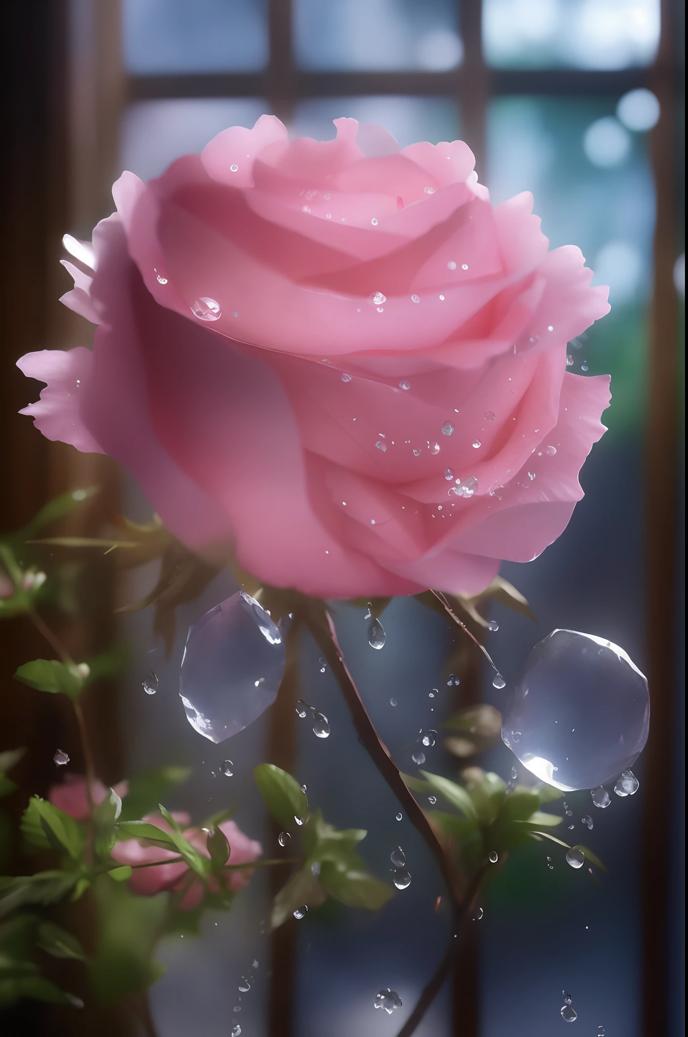 There is a pink rose,There are water droplets on it, melanchonic rose soft light, roses in cinematic light, realistic pictures, photorealistic detailed picture, alexey egorov, photo realistic style, After the rain, low details. Digital painting, Ultra detail. Digital painting, photo realistic image, after rainny, realistic digital painting, Beautiful photorealistic images