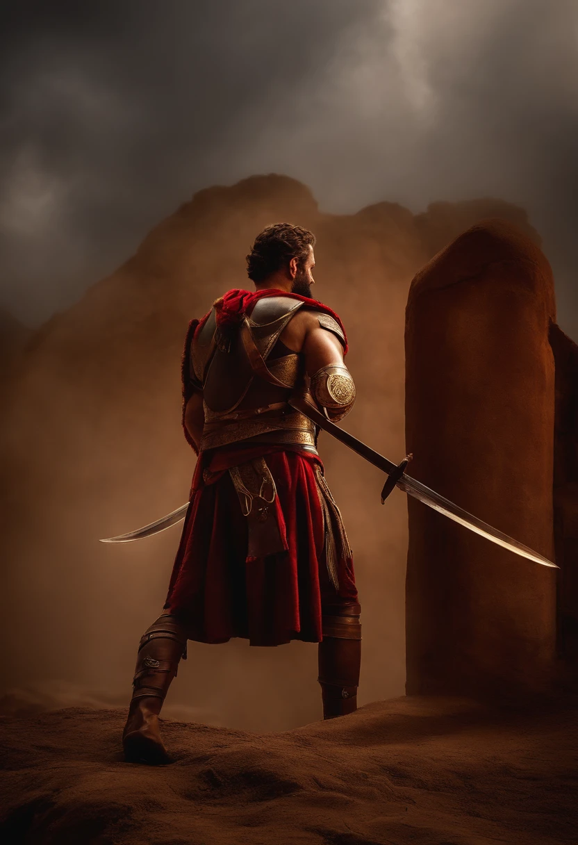 Leonidas, iluminado por un rayo de luz pose ferviente con melena de leon