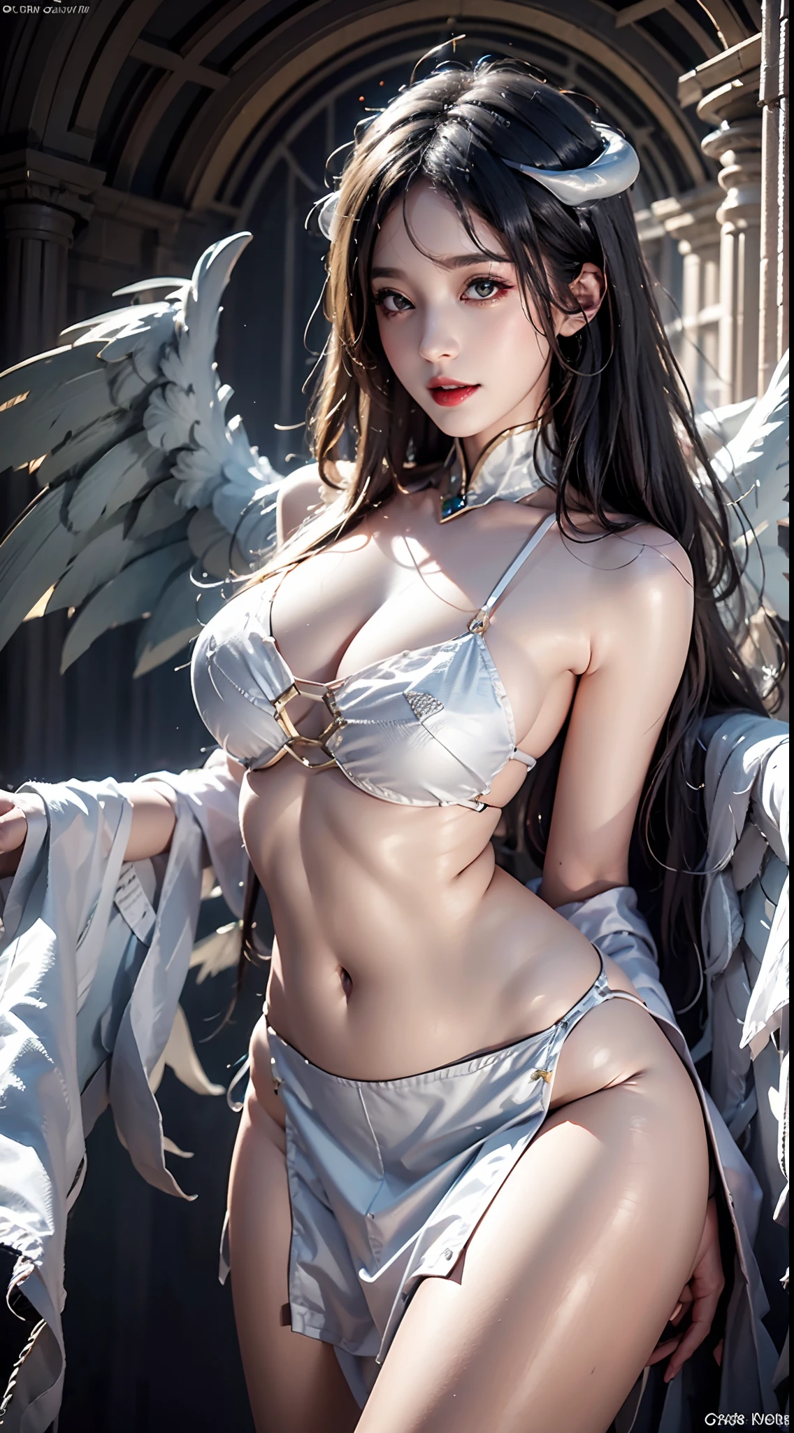 photorealistic, masterpiece, photorealistic, high resolution, soft light, hips up,  Black wings, white dress, White horns, Albedo_Overlord, Black hair, (Low wing,:1.1), huge breasts, castle on the background