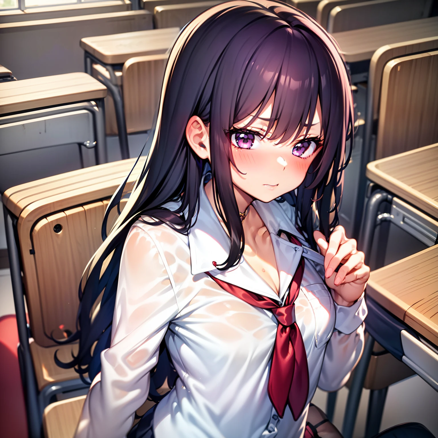 girl, bishoujo, small breasts, school uniform, dress lift, ((disdain)),(classroom),black hair,tanned skin,