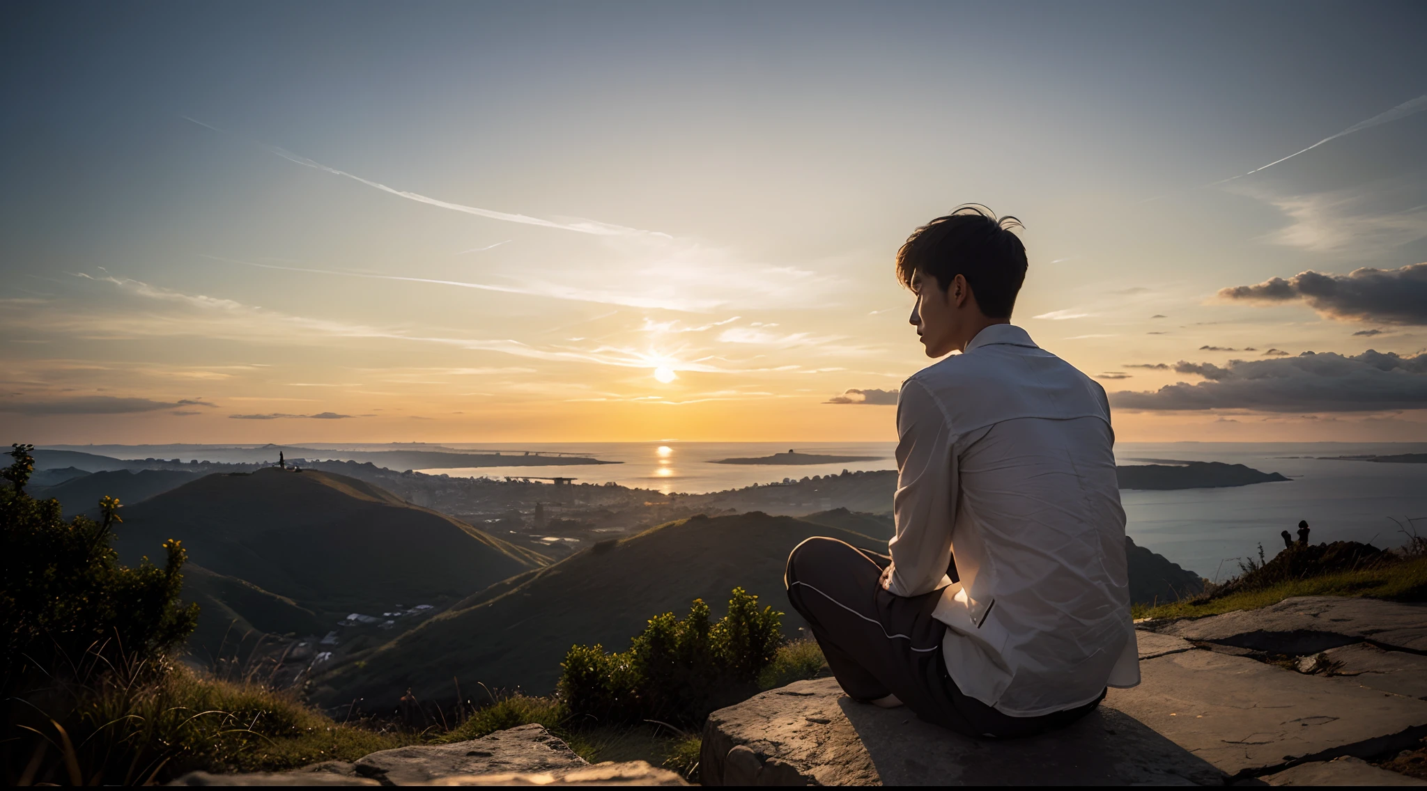The back of an Asian boy with short hair,High-end clothes,Can't see the face,sitting at the edge of a cliff,Looking at the setting sun in the distance,photorealestic,super wide shot,The overall feeling is very sad,Photo texture,Movie chasing light,The skin texture is clear,The texture of the clothes is obvious,Surrealist depiction