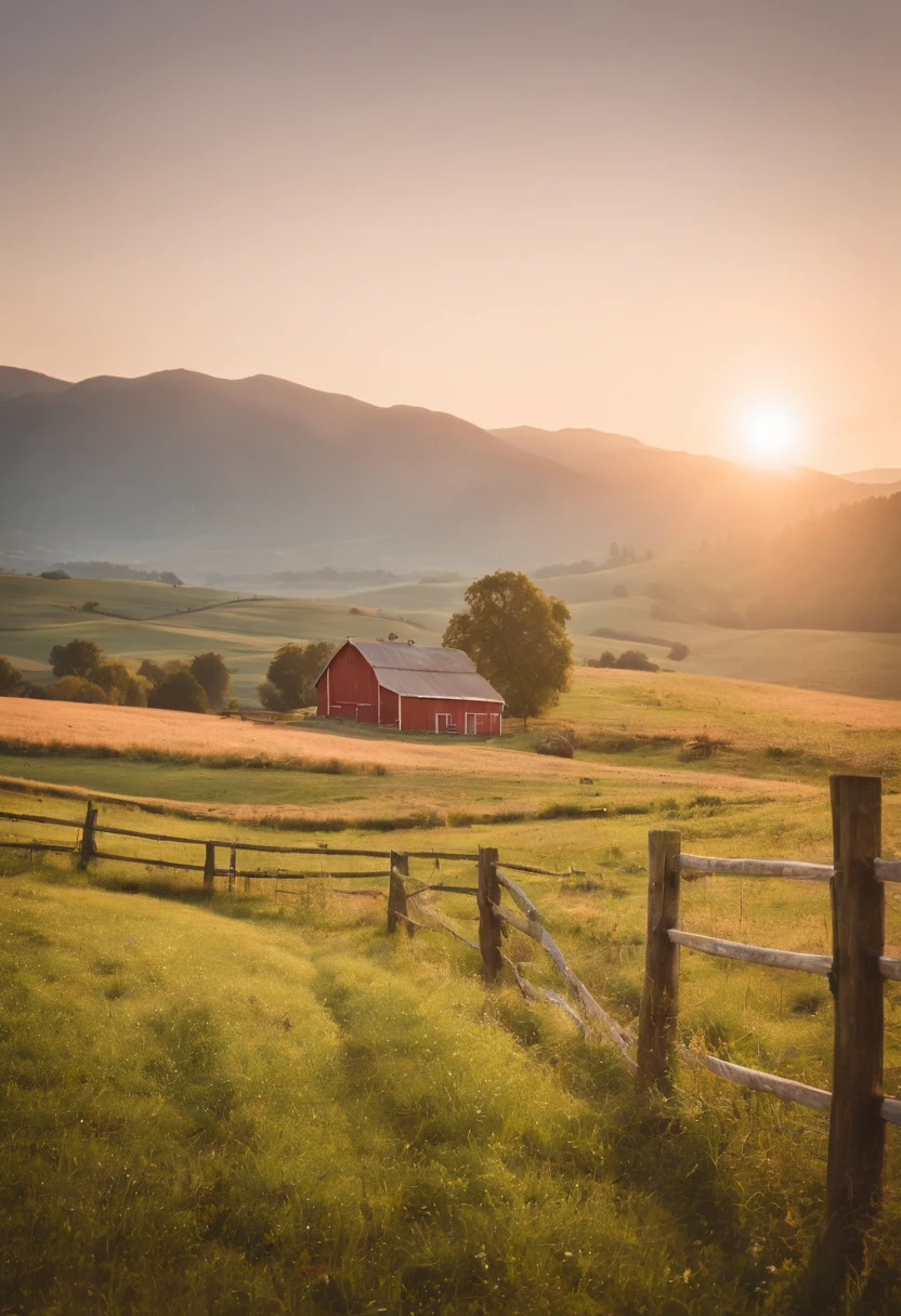 A farmers field on rolling hills in a valley surounded by mountains, sun setting in the distance, an old wooden fence acting as leading line towards a red barn in the distance, 8k, micro-details, photorealism, photorealistic, cinematic light, golden hour, deep shadows