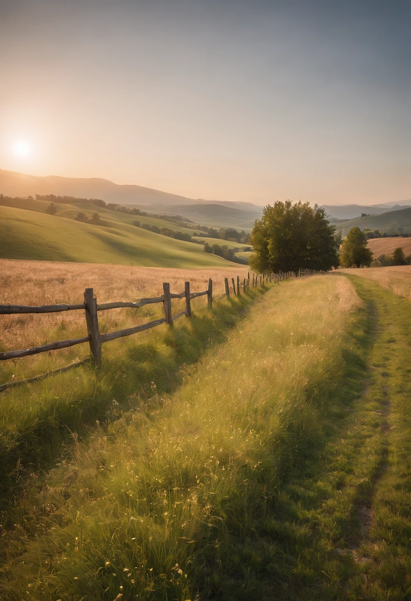 A farmers field on rolling hills in a valley surounded by mountains, sun setting in the distance, an old wooden fence acting as leading line towards a red barn in the distance, 8k, micro-details, photorealism, photorealistic, cinematic light, golden hour, deep shadows