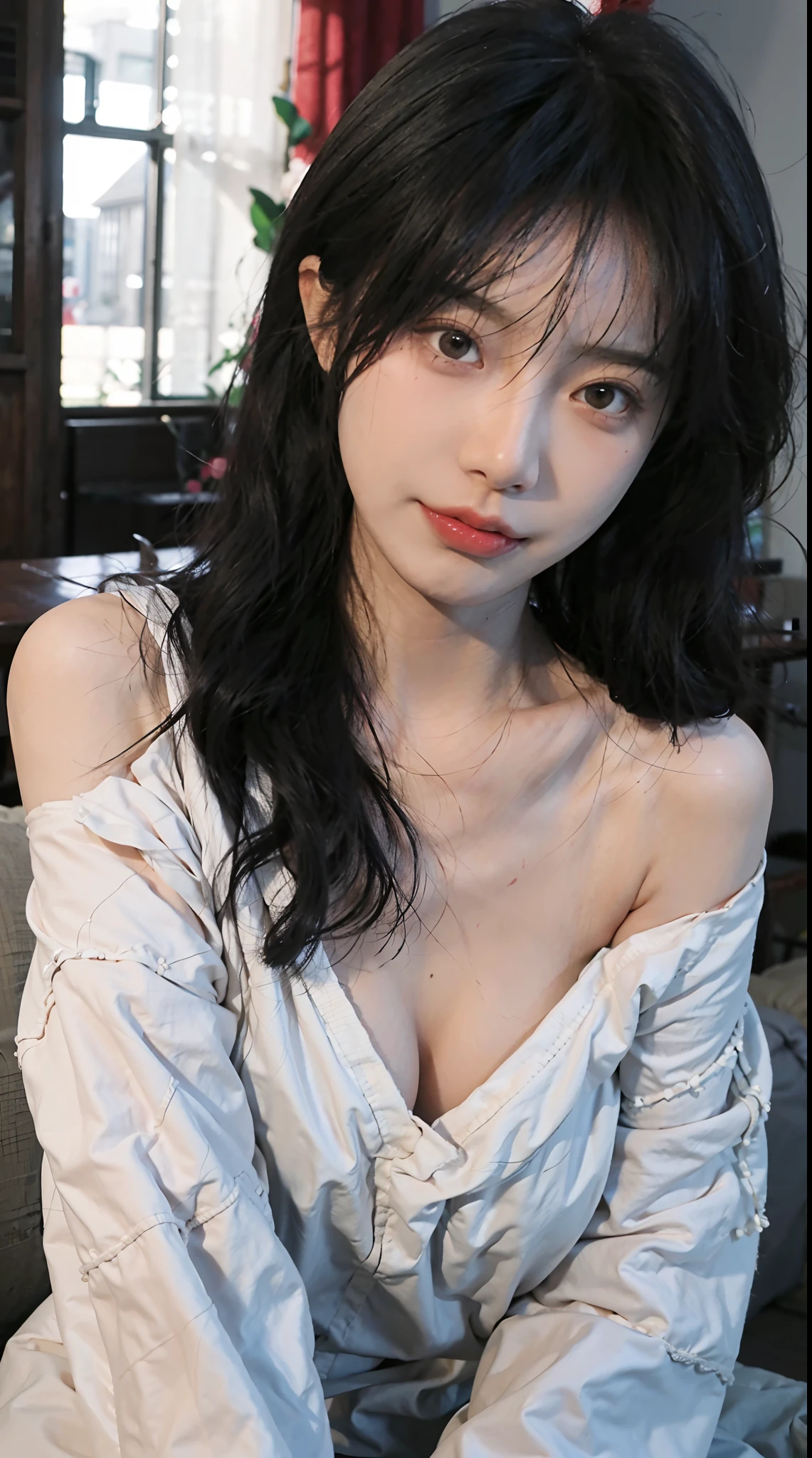 best qualtiy， 超高分辨率， （realisticlying：1.4）， 2 girls， A pair of smart eyes，,Royal Sister，Off-shoulder white shirt， Black tight skirt，  （Faded gray-gray hair：1）， （big cleavage breasts：1.2）， looking at viewert， closeup cleavage ，