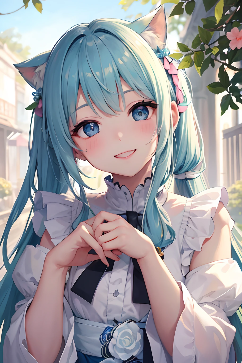 ​masterpiece:1.2、hightquality、top-quality、hight resolution、detaileds、A hyper-realistic、２０Beauty of the same age、long hair with pink twin tails,,,,,,,,,,,,,,,、Beautiful blue eyes、tilt of the head、morning glow、Green grass々Shigi々、birdie、rainbows、portlate、Lovely smile、showing teeth、(A detailed face)、((foco nítido))、((faces))、The upper part of the body_Body