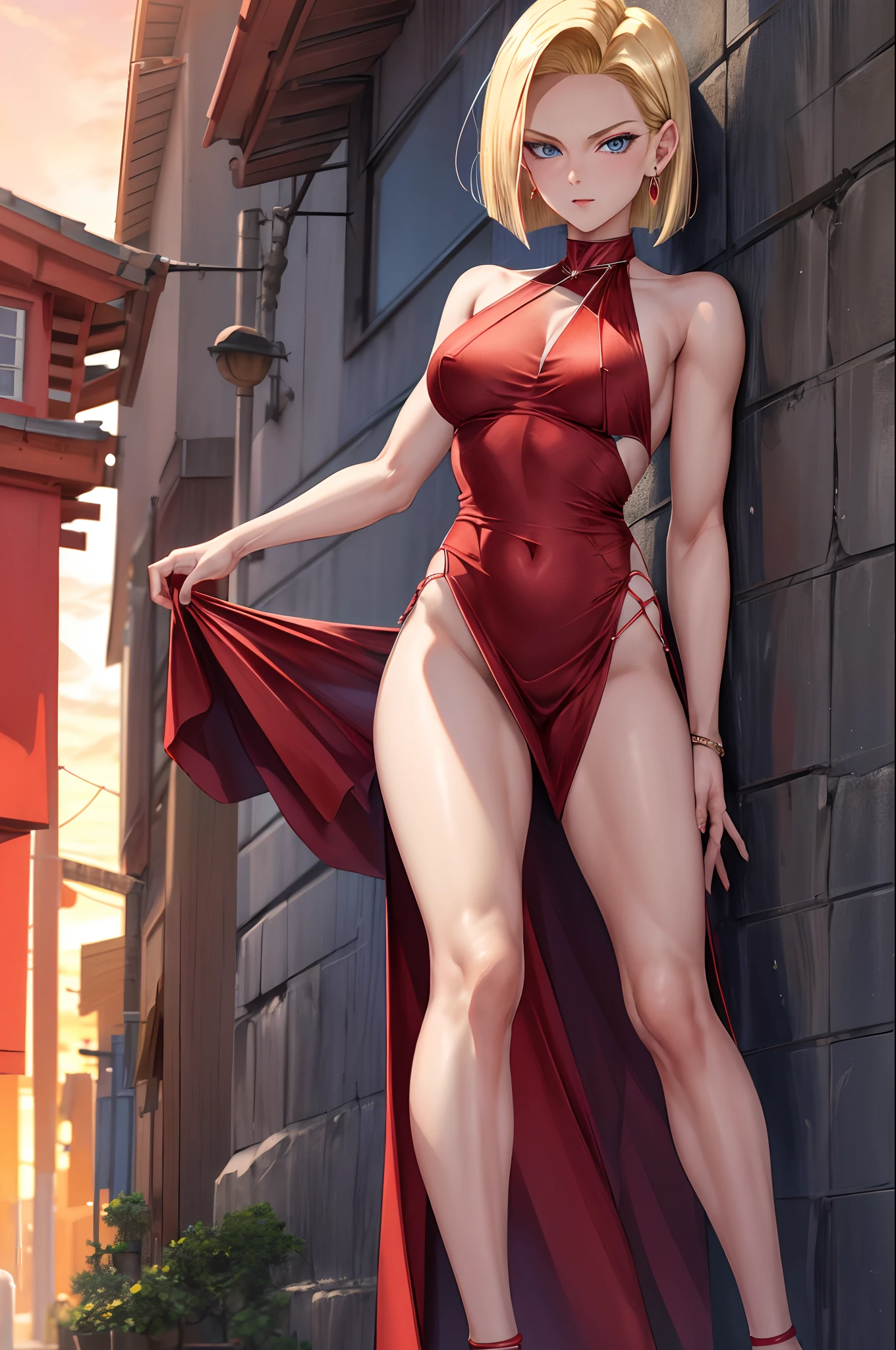 best quality, highres, and18, 1girl, android 18, solo, blonde hair, blue eyes, short hair, earrings, jewelry, medium breasts, cowboy shot, street, (She wears a red evening dress with a slit showing her leg., sunset,