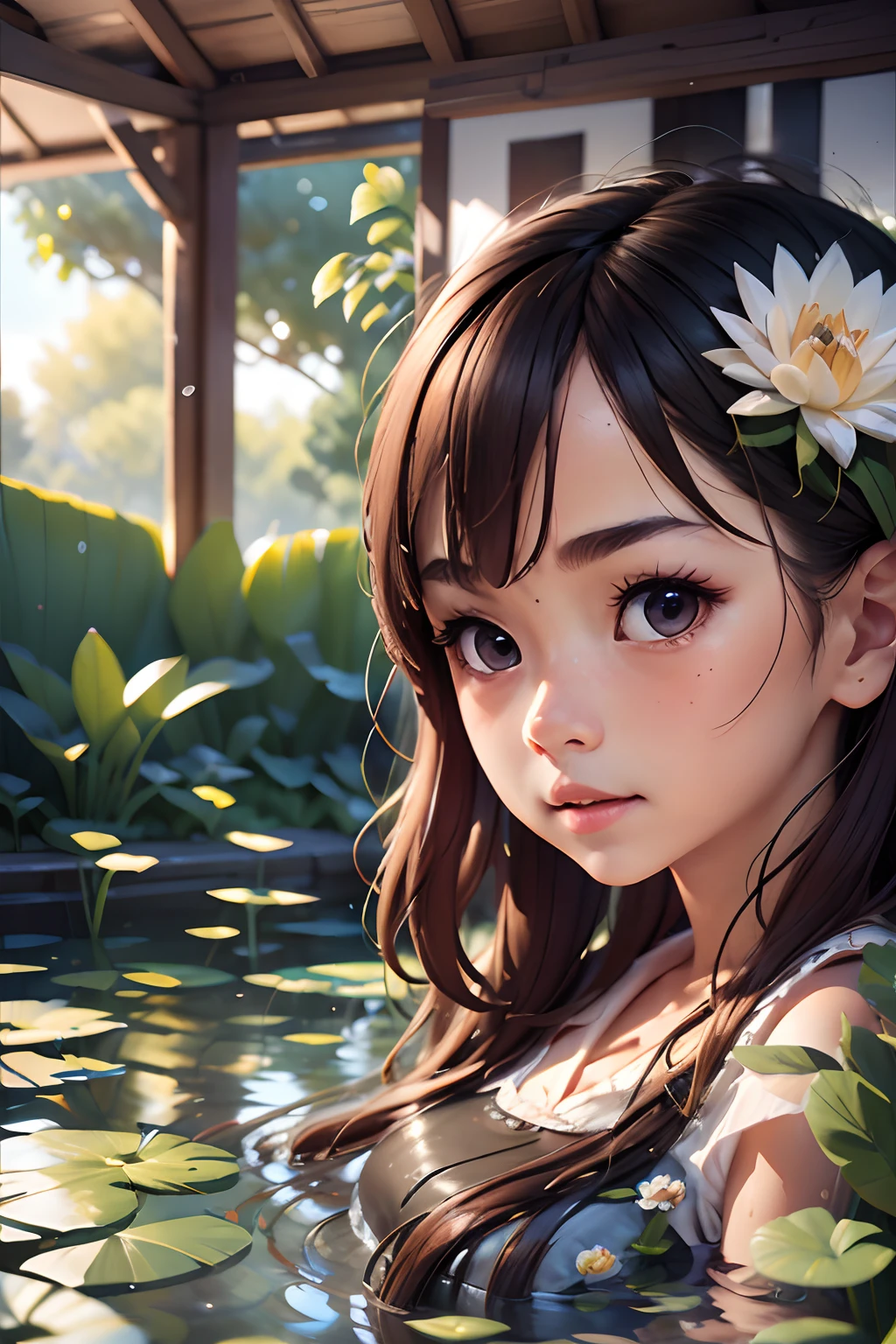 （best qualtiy，tmasterpiece，Hyper-realistic），1 beautiful and delicate portrait of a girl，Playful and cute，Pink Hanfu, Moon,Chao yang, sonoko, Bamboo, water lily, hot onsen, vapour, (illustration: 1.0), Epic composition, Realistic lighting, HD details, Masterpiece, Best quality, (Very detailed CG unity 8k