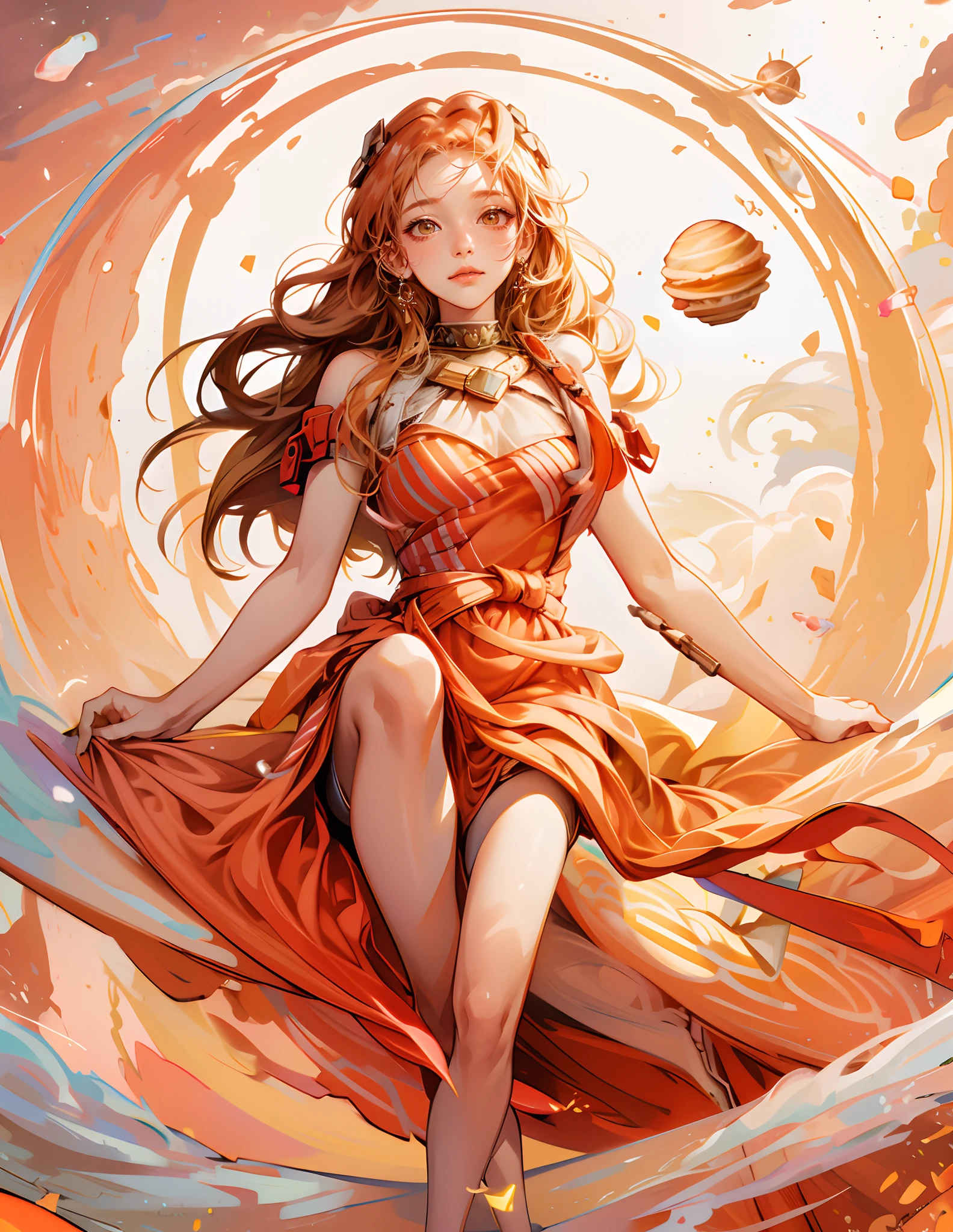 "Highres, Close-up, Whimsical, Artistic, A cute girl as a planet Jupiter, beautiful red- orange stripes dress, Cosmic Jupiter background, Planetary details, Gravitational pull, Shimmering atmosphere,