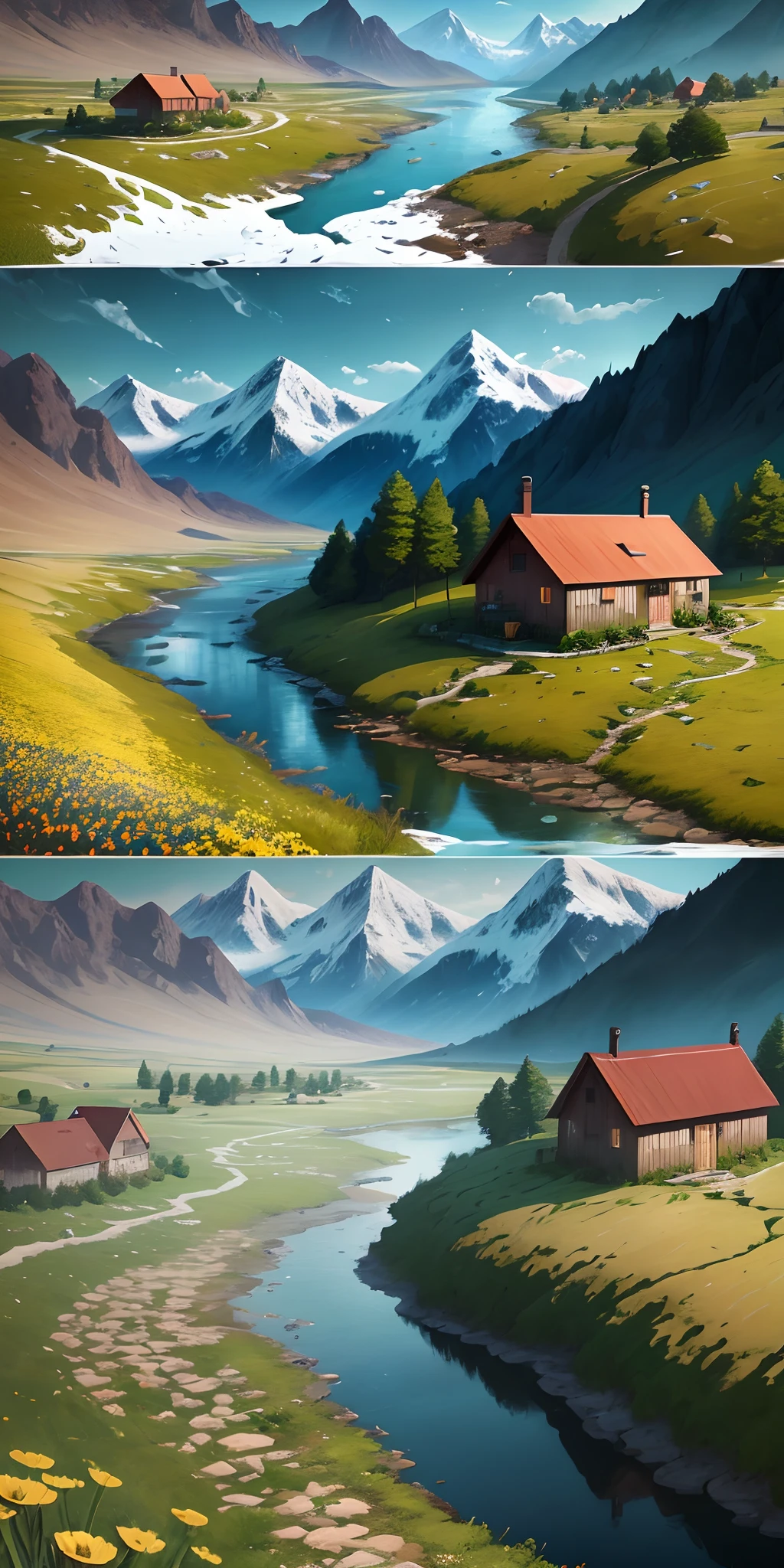 Surrounded by snow-capped mountains，There are flowers in the valley,There are meandering creeks from near to far , There are beautiful digital paintings of chalets, 8K stunning artwork, Beautiful digital artwork, lindo cenario, In a valley, 8k resolution digital painting, 8 k resolution digital painting, Valle encantador, The vast lush valley flowers are extremely high-resolution，Vector graphics