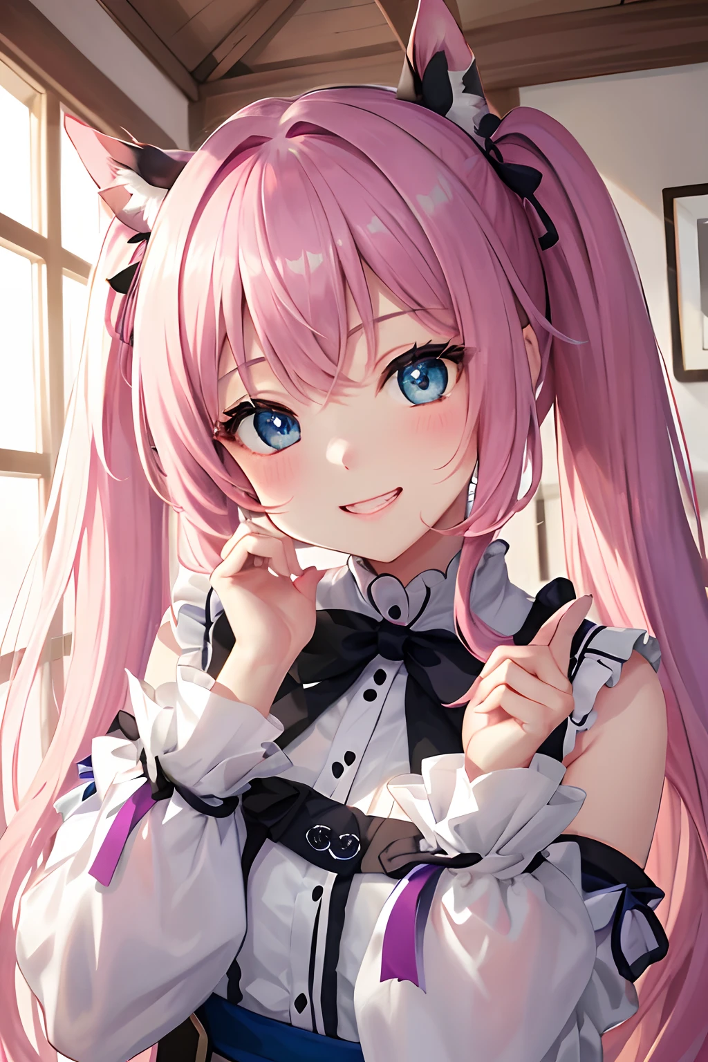 masterpiece:1.2、hightquality、top-quality、hight resolution、detaileds、A hyper-realistic、20Beauty of the same age、long hair with pink twin tails,,,,,,,,,,,,,,,、Beautiful blue eyes、tilt of the head、morning glow、Green grass々Shigi々、birdie、rainbows、portlate、Lovely smile、showing teeth、(A detailed face)、((foco nítido))、((faces))、The upper part of the body_Body