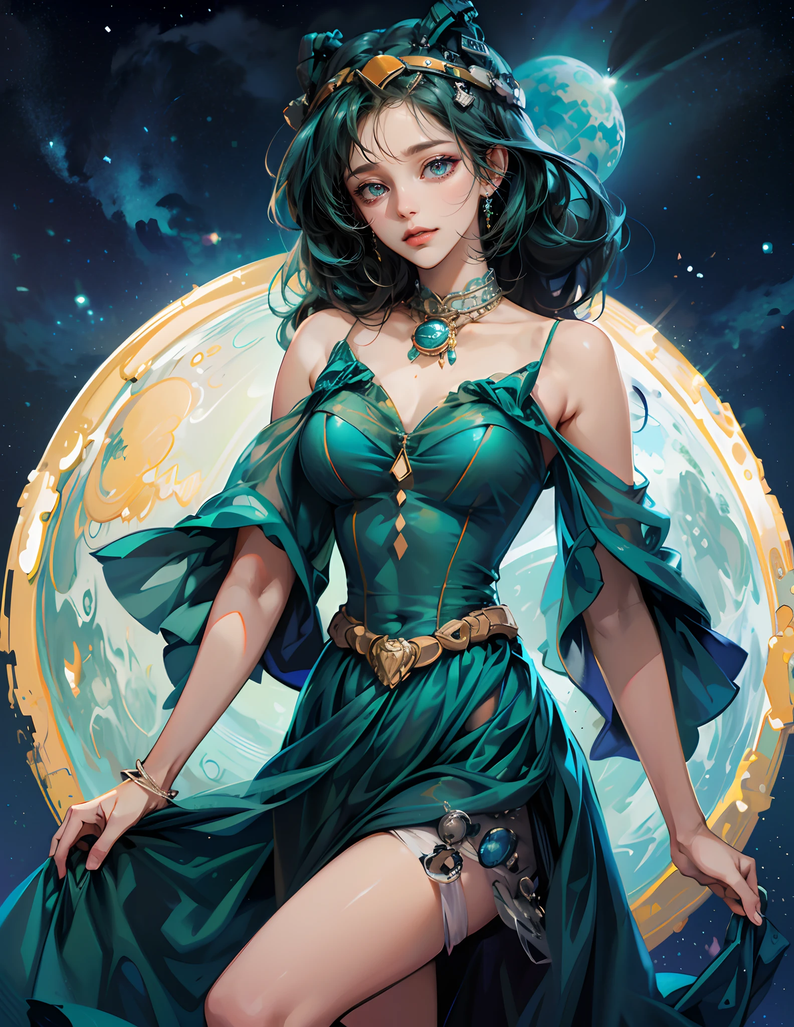 "Highres, Close-up, Whimsical, Artistic, A cute girl as a planet venus, beautiful blueish green dress, Cosmic Mars background, Planetary details, Gravitational pull, Shimmering atmosphere,