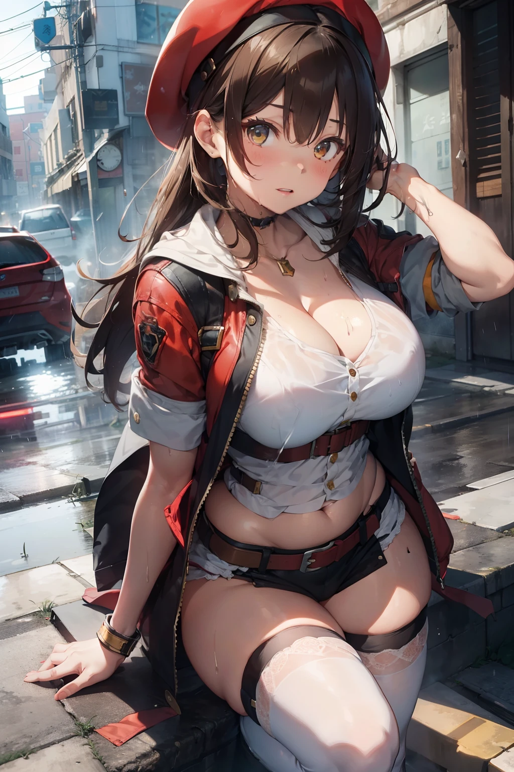 1 girl, DOA, taller, Alchemist, white beret, red short, Over-the-knee boots, Yellow vest，Raised sexy，Fat Chubby，Fighting posture，Overlooking，Rained，drenched clothes，cleavage，Look at the eyes of the garbage