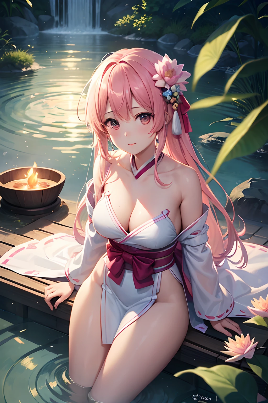(best qualtiy,tmasterpiece,Hyper-realistic),1 beautiful and delicate portrait of a girl,Playful and cute,Pink Hanfu, Moon,Chao yang, sonoko, Bamboo, water lily, hot onsen, vapour, (illustration: 1.0), Epic composition, Realistic lighting, HD details, Masterpiece, Best quality, (Very detailed CG unity 8k