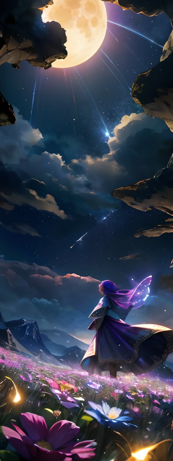 Vast landscape photo, (viewed from below, the sky is above and the open field is below), a girl standing on a flower field looking up, (full moon: 1.2), (meteor: 0.9), (nebula: 1.3), distant mountains , Trees BREAK Crafting Art, (Warm Light: 1.2), (Fireflies: 1.2), Lights, Lots of Purple and Orange, Intricate Details, Volumetric Lighting, Realism BREAK (Masterpiece: 1.2), (Best Quality), 4k, Ultra-Detailed, (Dynamic Composition: 1.4), Very Detailed, Colorful Details, (Rainbow Colors: 1.2), (Glow Lighting, Atmospheric Lighting), Dreamy, Magical, (Solo: 1.2)