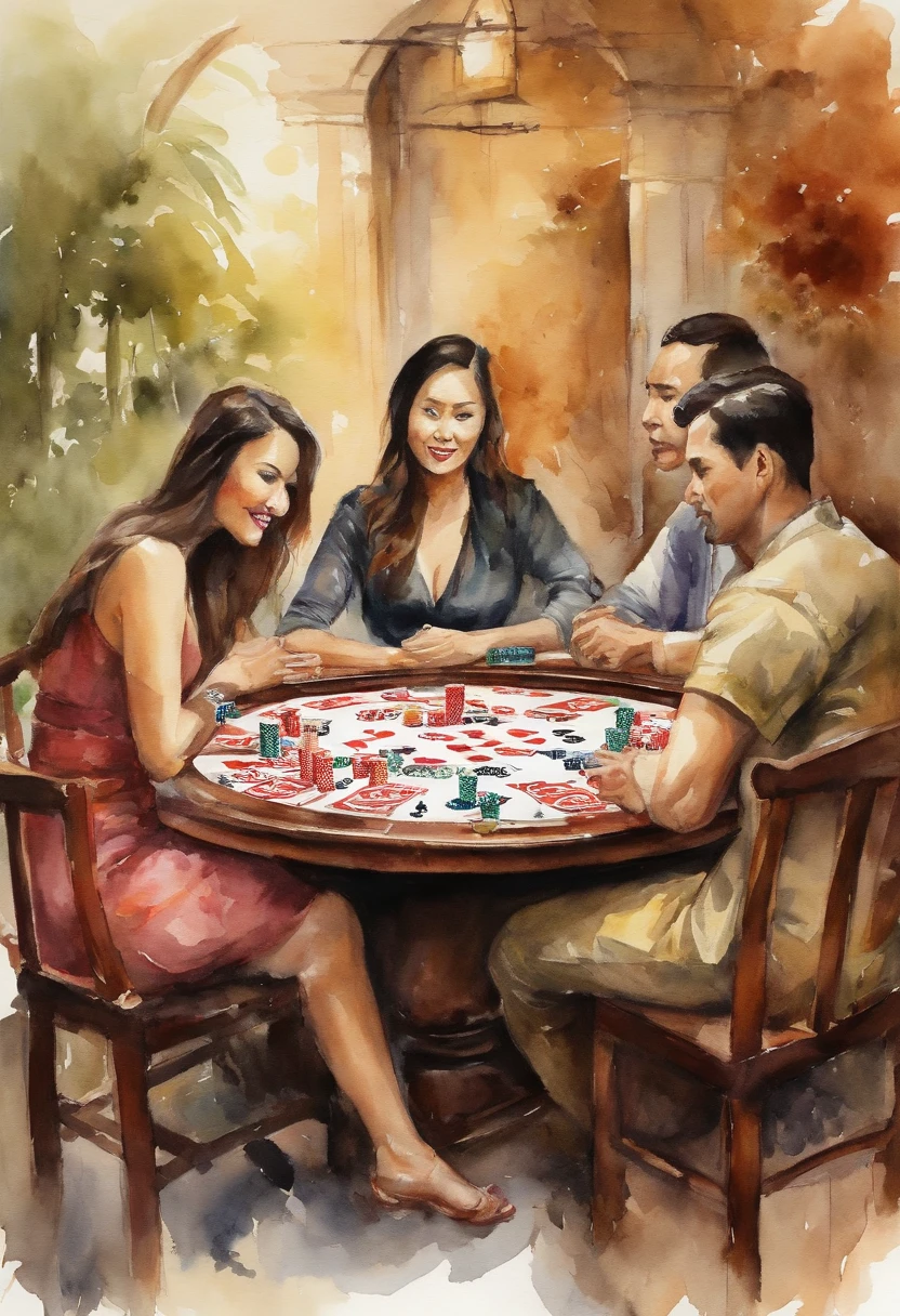best quality, works, (realistic: 1,2), 1 poker table, 5 people, asian look, warm tone