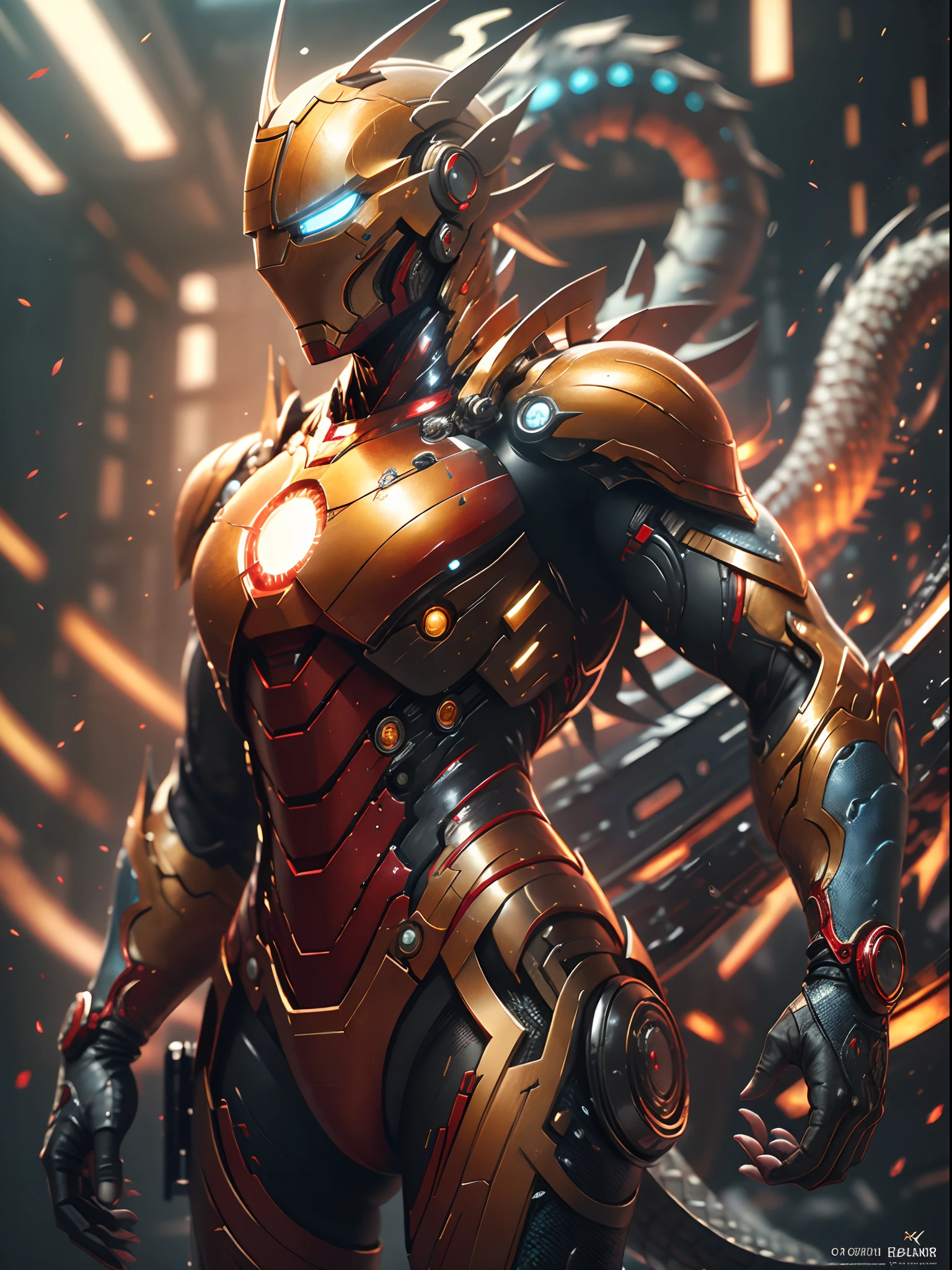 lizard, blue and red scales, iron man outfit, 8k, super detail, ccurate, best quality, no mask, lizard face