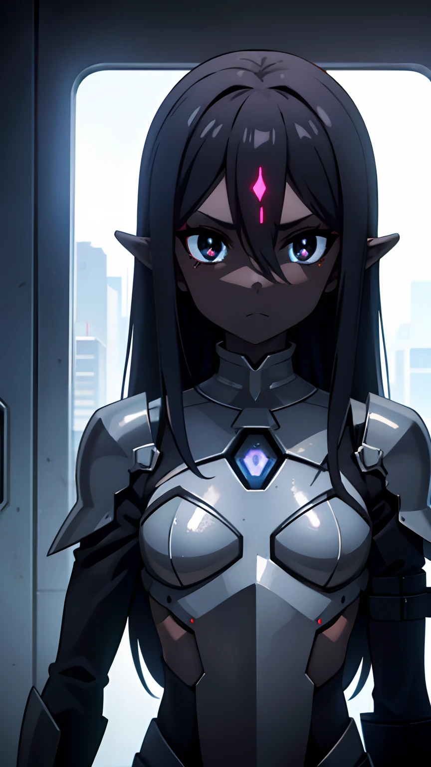 1 girl, black skin tone, petite, small chest, futuristic armor, black eyes, Evil Aura, Cursed Armor