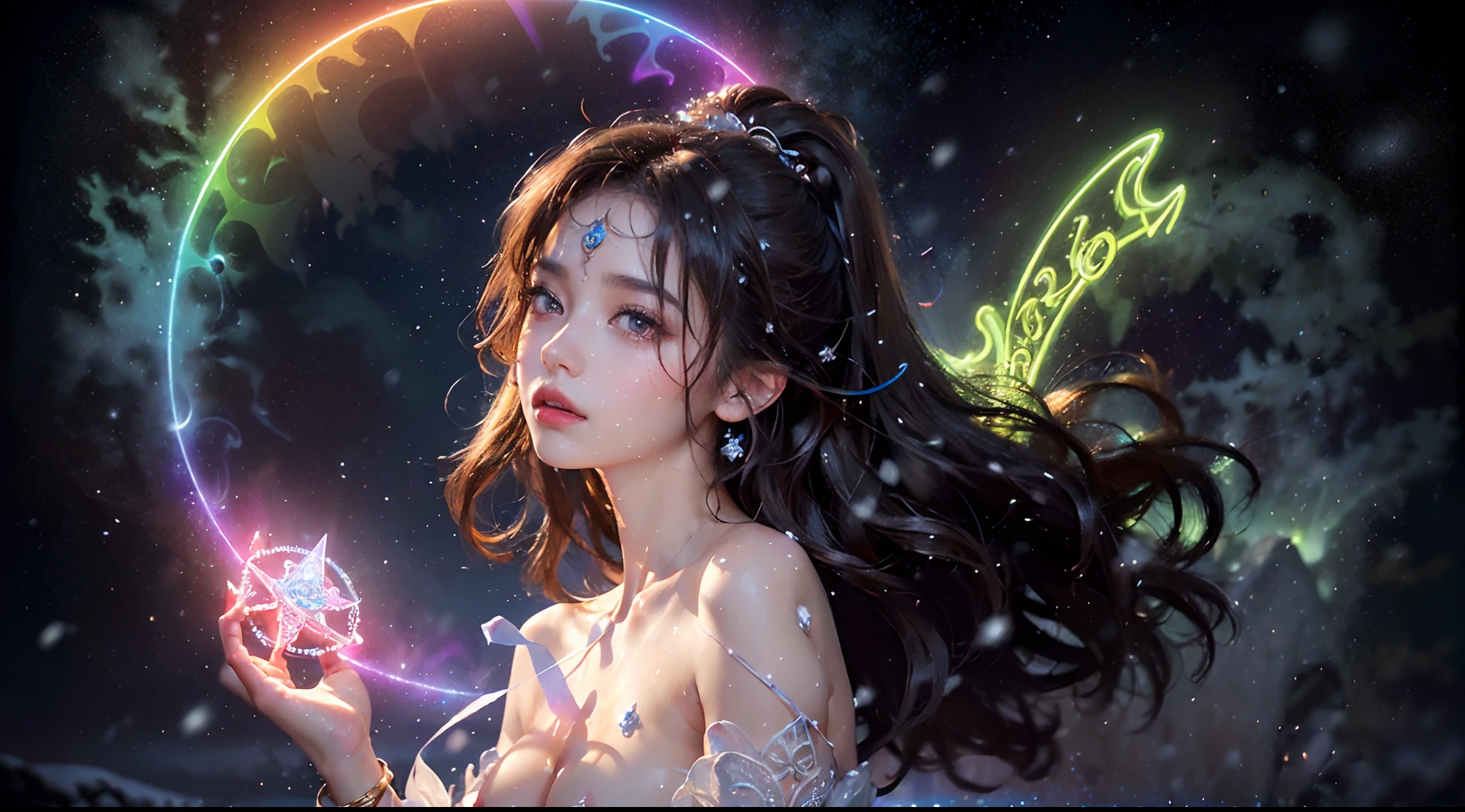 naked photo, 20 yo european female as ((goddess)) looking up at the sky, (dark brown ponytail hair, almond eyes, brown large eyes, small face, cute face, mole under mouth, Indecent crest), masterpiece, best quality, intricate details, full body, portrait, bokeh, (fair skin, pale skin, real skin, high detailed skin texture, abs, saggy boobs, huge breast, slim body, skinny, very thin waist), (exposed naked breast, bio mechanized endoskeleton transparent body with intricate details Rainbow Neon lighting pattern, with angel wings), (((night view, snow, reflection, holding A large magic wand with intricate decorations, large Magic Circle at sky, magic spells))), (in full color space universe background, milky way)