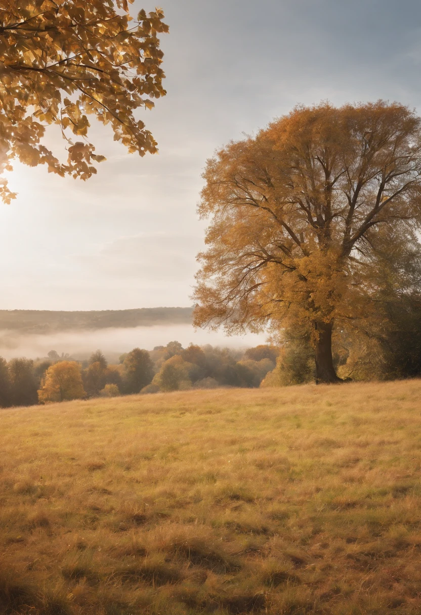 An empty grassy field and in the vast distance a single autumn tree in the center frame with a beautiful cloudy sky in the background, 8k, micro-details, photorealism, photorealistic, cinematic light, golden hour, deep shadows