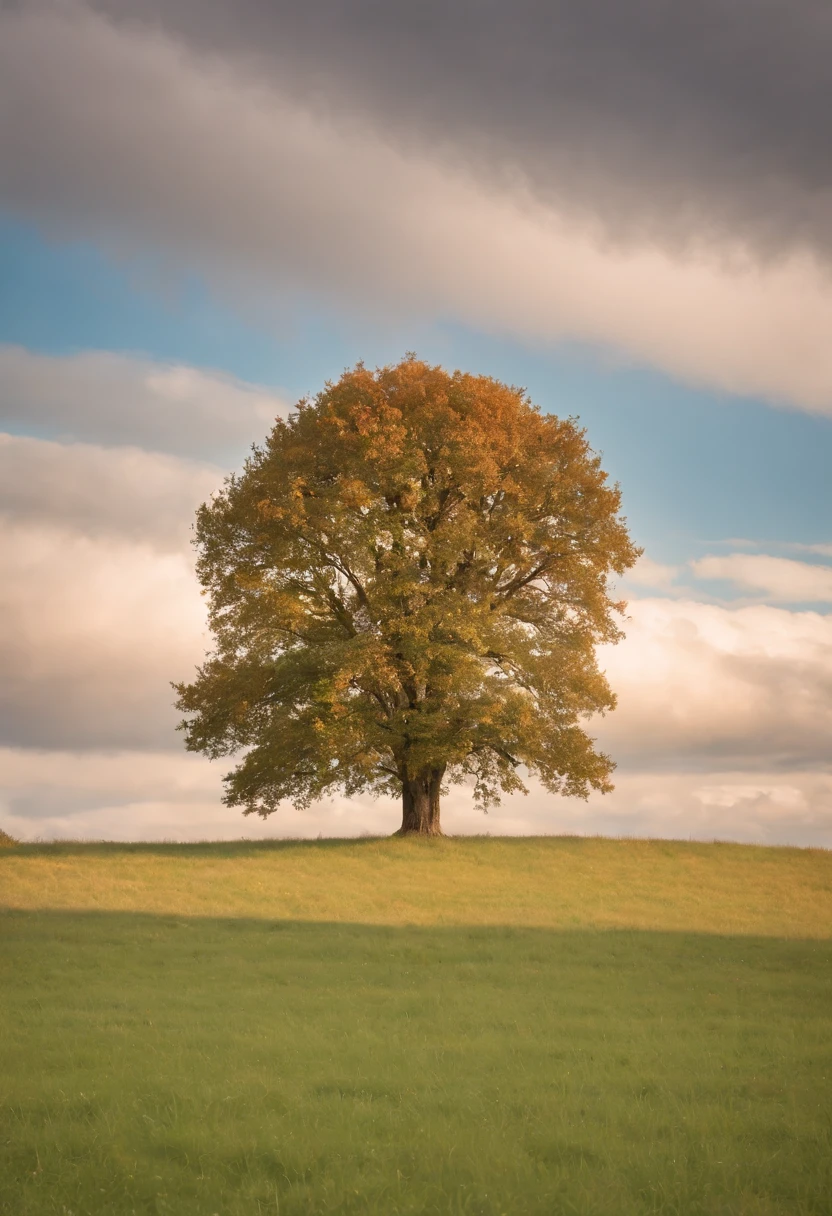 An empty grassy field and in the vast distance a single autumn tree in the center frame with a beautiful cloudy sky in the background, 8k, micro-details, photorealism, photorealistic, cinematic light, golden hour, deep shadows