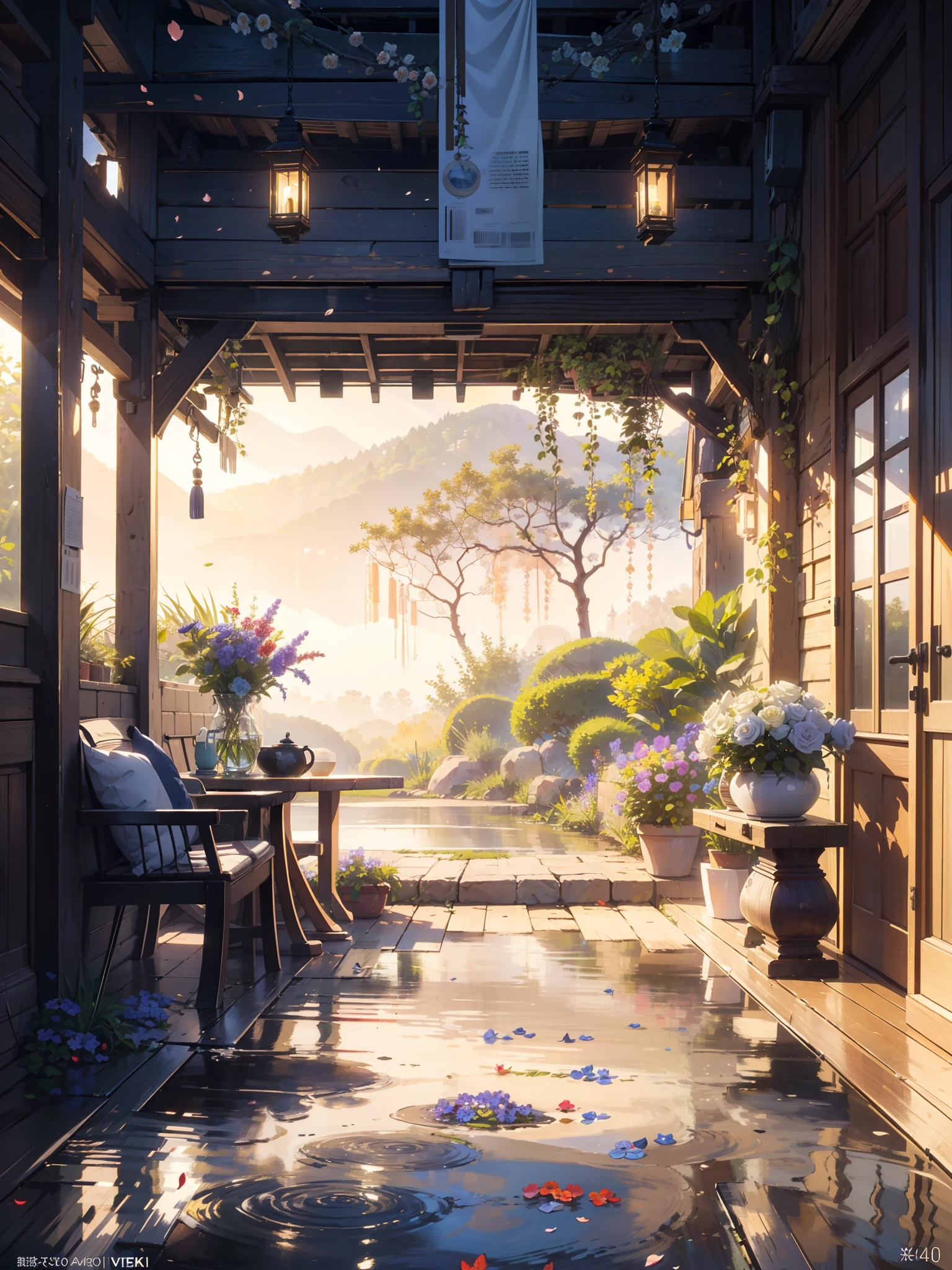 (best quality,4k,8k,highres,masterpiece:1.2),ultra-detailed,(realistic,photorealistic,photo-realistic:1.37),romantic landscape,flowers,hut,stream,Dreamy,chairs,table, newspaper on table,illustration,wooden texture,tranquil atmosphere,soft morning light,natural colors,vibrant flowers,peaceful surroundings,subtle reflections,misty air,majestic mountains,sparkling stream,butterflies fluttering around,serene ambiance,gentle breeze,carefully detailed flowers and leaves,comfortable chairs,crisp newspaper neatly folded,harmony between nature and human presence