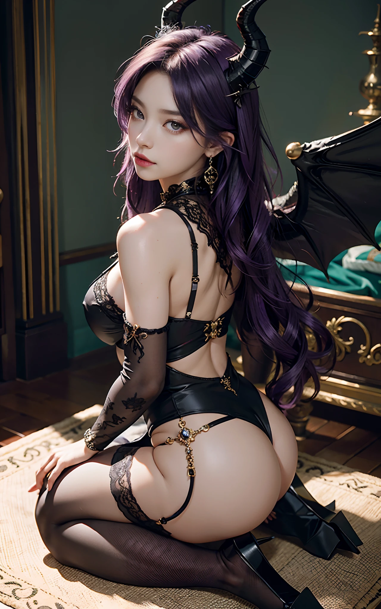 （Dark night，Bedrooms：1. a mature female，Purple-black hair,A pair of dragon horns，A pair of huge dragon wings，Flirtatious，Kneeling pose，Point at you with your ass）， tmasterpiece， best qualtiy， RAW photogr， realisticlying， Incredibly Ridiculous res，， ear studs， (Long flowing purple hair)，eye shadows，Bracelet，head chain，(A wide variety of intricate jewelry)，eardrop，foot ring，Black Lolita dress long dress，（Black suspender stockings+），Stocking feet，Jade foot，depth of fields， A high resolution， ultra - detailed， filigree， RAWE is very detailed， very detailed eyes and faces， Sharp pupils， realistic pupil， tack sharp focus， cinmatic lighting，full bodyesbian，Bigboobs，long leges，From the front side，banquet，dynamicposes，Normal posture，closeup of face