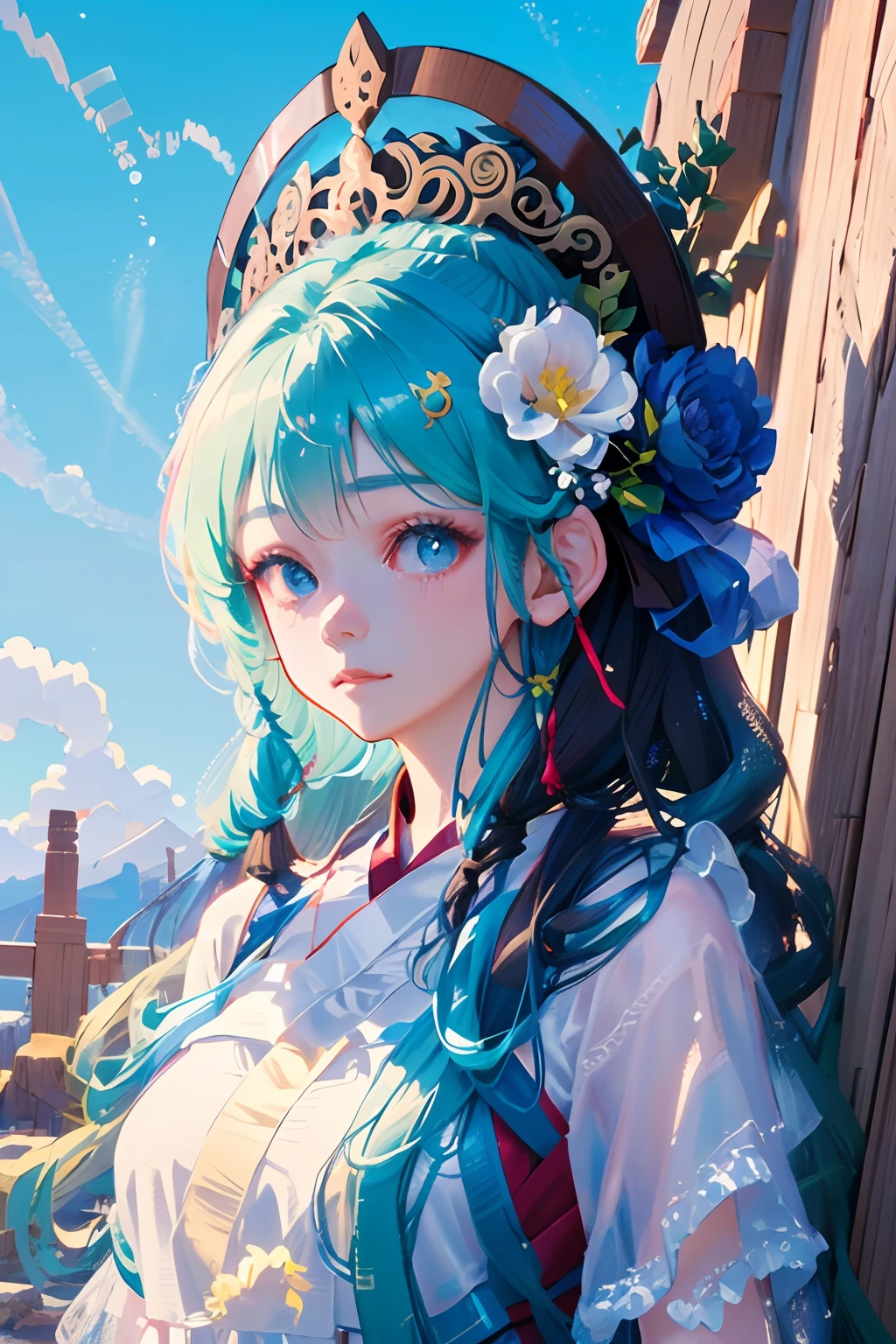 anime girl with a flower in her hair and a white dress, artwork in the style of guweiz, guweiz, beautiful anime portrait, detailed portrait of anime girl, kawaii realistic portrait, stunning anime face portrait, cute anime girl portrait, portrait of an anime girl, beautiful character painting, portrait anime girl, palace ， a girl in hanfu, beautiful anime style