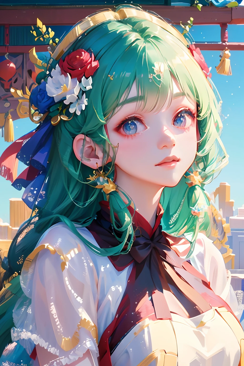 anime girl with a flower in her hair and a white dress, artwork in the style of guweiz, guweiz, beautiful anime portrait, detailed portrait of anime girl, kawaii realistic portrait, stunning anime face portrait, cute anime girl portrait, portrait of an anime girl, beautiful character painting, portrait anime girl, palace ， a girl in hanfu, beautiful anime style