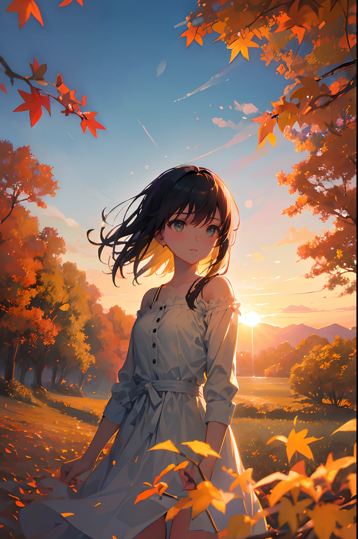 Create exquisite illustrations reminiscent of Makoto Shinkai's style, It has ultra-fine details and top-notch quality. Create an illustration of a young girl standing on a small hill during sunset, with vibrant autumn leaves falling like a shower of blossoms. The girl should be leaning against a tree, gazing at the sinking sun and the cascading leaves. The scene should be a tranquil and nostalgic depiction of nature's beauty during this magical moment.