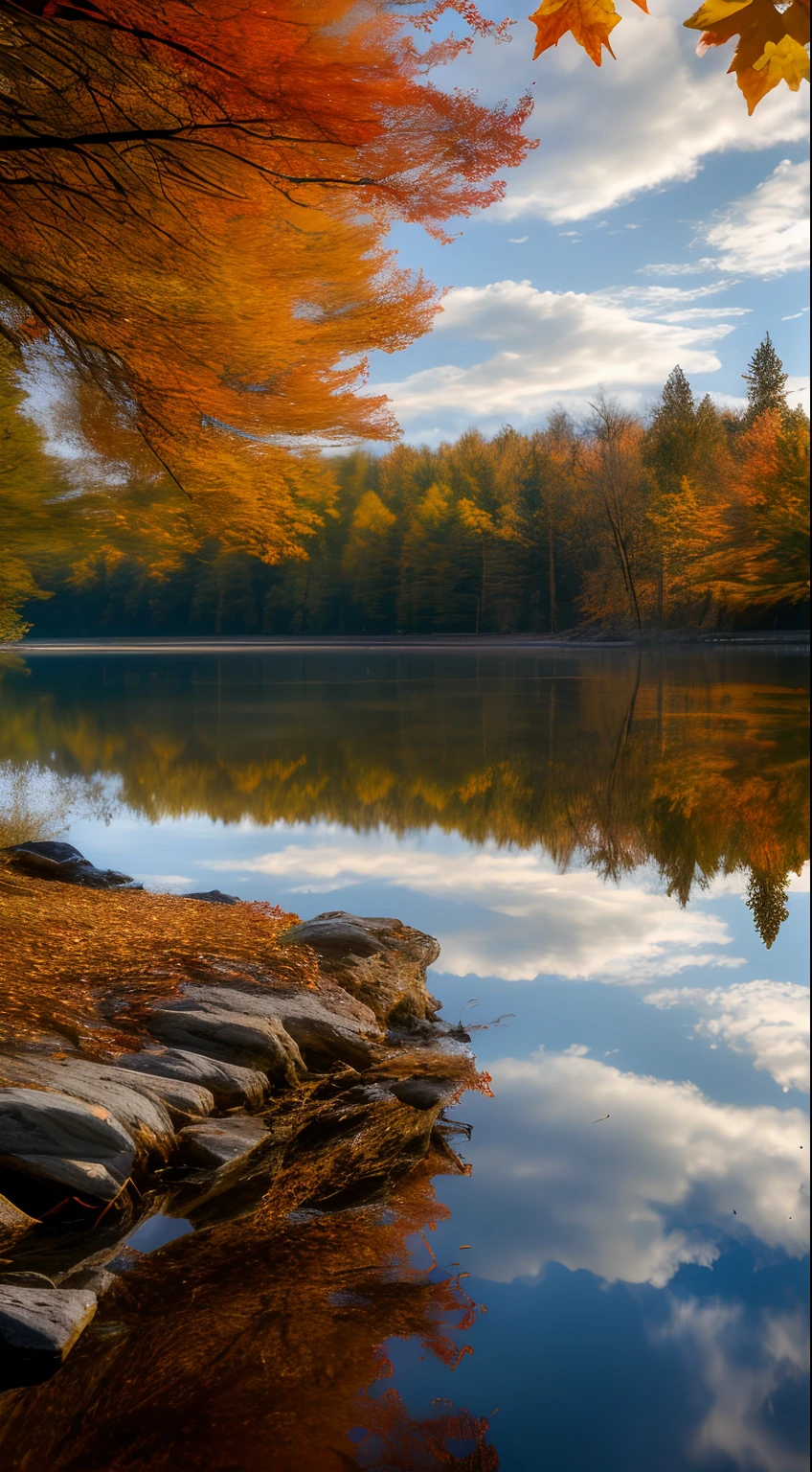 wall-paper，autumnal， lake， zori， the woods， Detailed forest， Clouds， tmasterpiece， Cinematic Light， softlighting， depth of fields， Ray traching， reflection in water， hentail realism， More about Ulla，