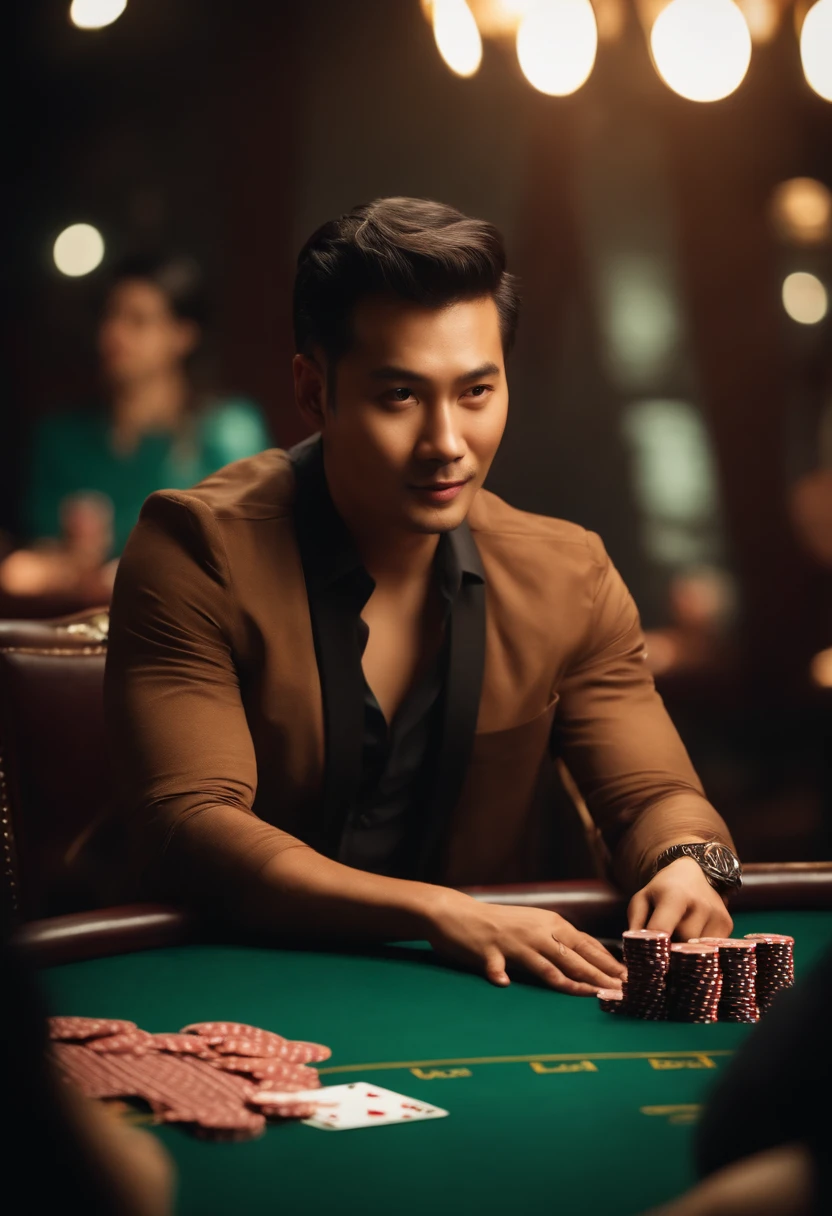 best quality, works, (realistic: 1,2), 1 poker table, 5 people, asian look, warm tone