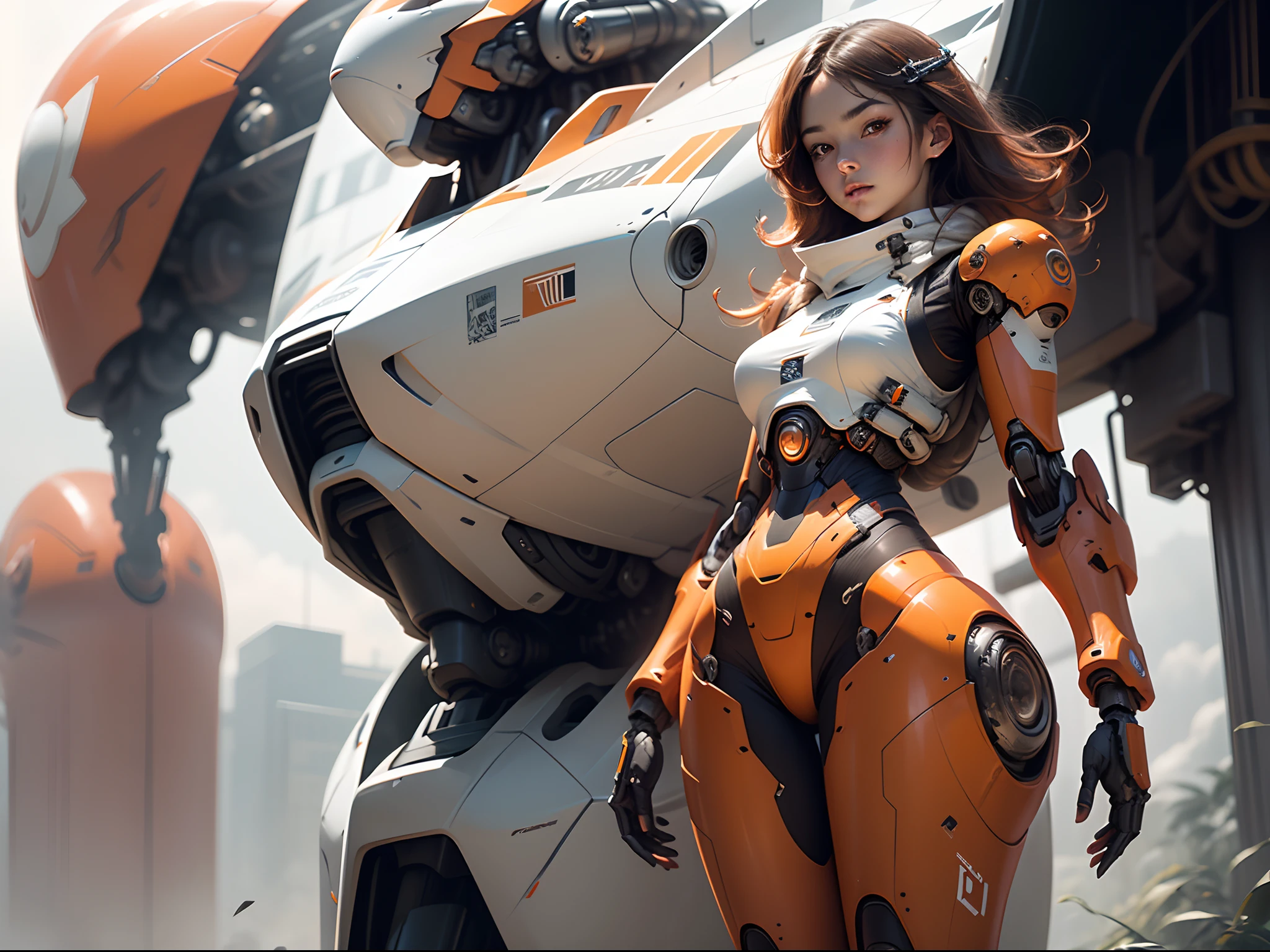 1girl, solo, full body plane, ((a futuristic-looking girl, dark orange mecha)), mechanical arms, mechanical neck, armor, heavily used texture, white lab, UHD, anatomically correct, best quality, masterpiece