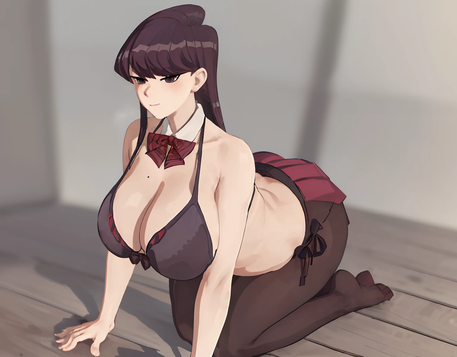 green eyes,(Bikini:1.6)realistic shaded perfect body, commission for high res, [ 4 k digital art ]!!,((komi shouko)), 1girl, bangs, black pantyhose, blush, bow, bowtie, breasts, closed mouth, highres, long hair, looking at viewer, medium breasts, ,purple eyes, purple hair, red bow, red bowtie, (red micro skirt:1.4), striped, striped bow, striped bowtie, belly, bloat, ((bloated belly with abs)), swept bangs, (huge ass:1.4),(wide hips,narrow waist:1.3), seductive face, flustered, surprised,(masterpiece, best quality:1.4),high quality, highly detailed,detailed,perfect,(Highres), (Detailed Illustration), Ultra-Detailed, Ambient Light, Realistic Shadows, Detailed Face,