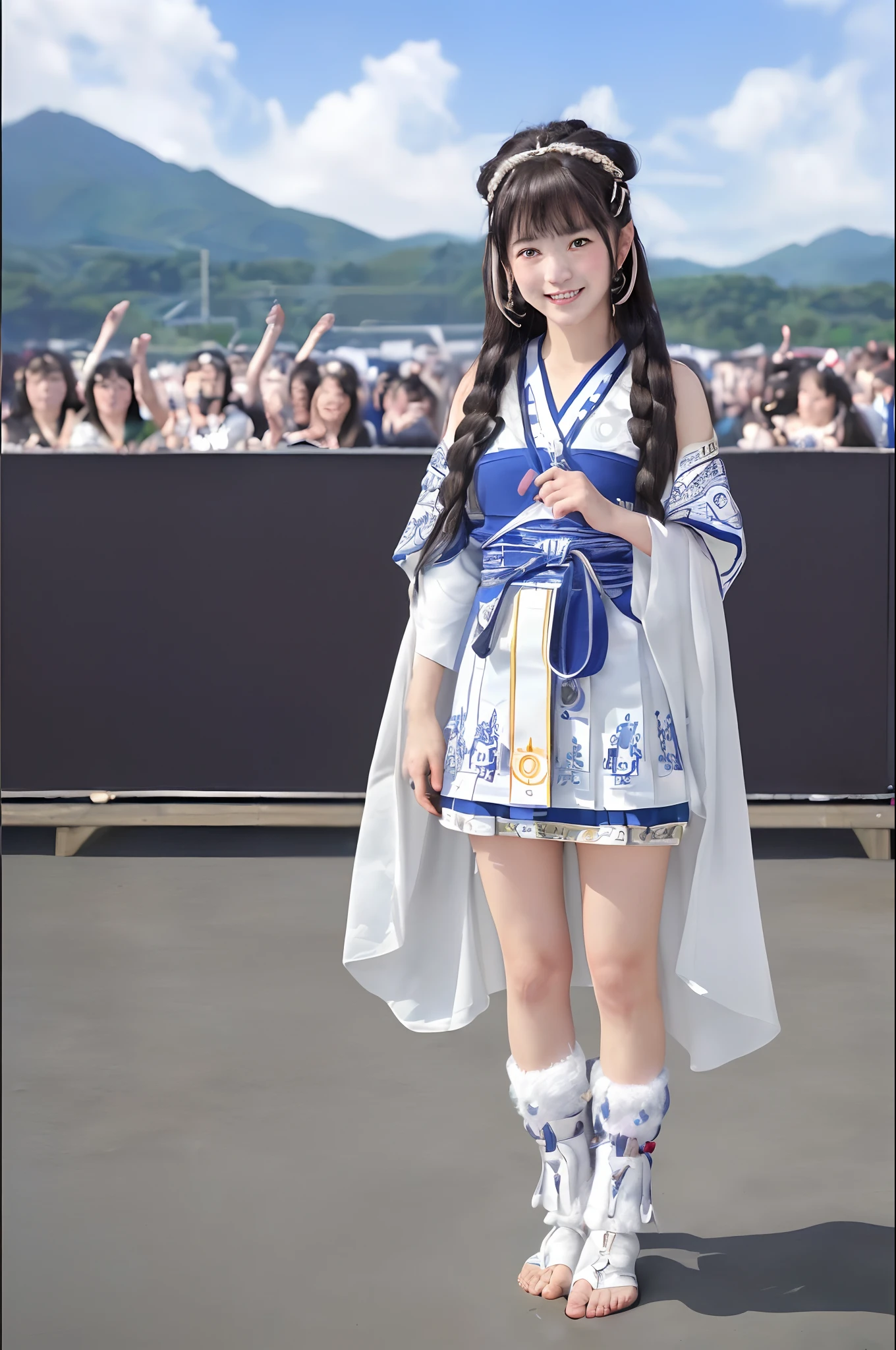 ((8k、RAW Photography、Top image quality、​masterpiece、:1.2)), (realisitic、Photorealsitic:1.3), Ainu female idols, Cute 15 year old woman in Ainu costume, Female Idol Style Costume, Beautiful bare feet, Smile with all your might, Stage of an outdoor concert venue, Background of Hokkaido, cowboy  shot, dynamic ungle