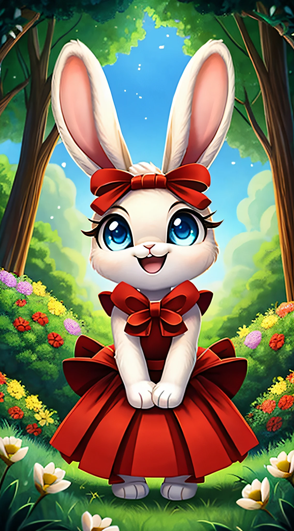 zoomed out image, fantasy style art, cute, adorable, short character, small, tiny little fluffy female white bunny with blue eyes, 4 ears, 2 extra ears, big floppy ears, long ears, ears perked up, raised ears, long eyelashes, poofy rabbit tail, wearing a red frilly ribbon dress, smiling, standing in a forest, big expressive smile, open mouth, wide eyes, excited eyes, excited face, stunning visuals, flowers scattered in the bushes, digital illustration