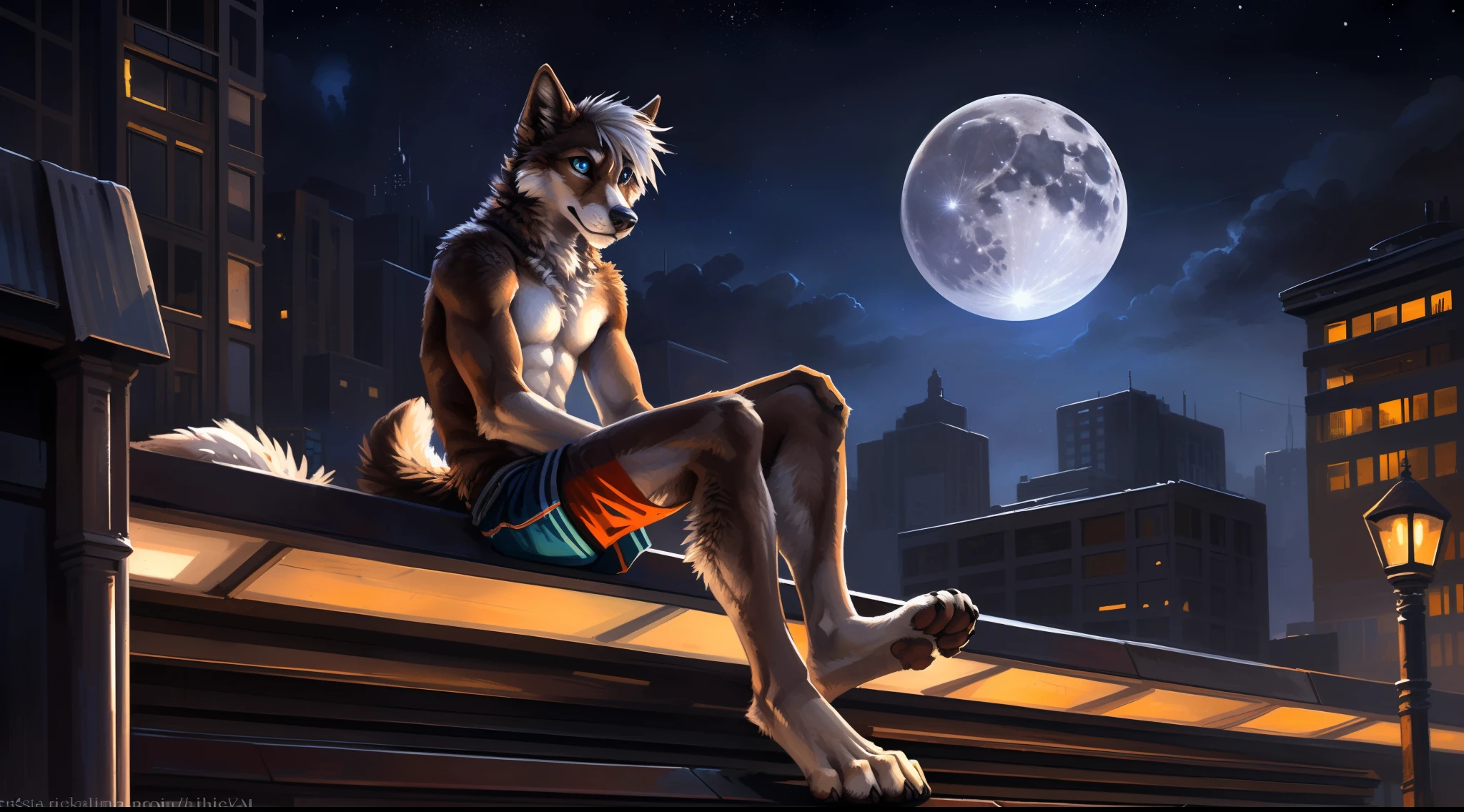 ((Solo)), male people, anthro wolf, (Multi-colored fur, White-brown:1.3), ((Dog face, White hair, Big eyes, White eyelids, Blue pupil, Slim:1.2) (Tough, Calm expression:1.2)), Abs, Slim, pinging)), (Correct anatomy), (Work shorts:1.1), (Contour bone:1.2), The upper body is naked, (detailed outfits),A big tail,Feet,Longer legs,(Realistic fur, Detailed fur texture, labeled:1.3)), (Natural lighting), Photorealistic, Hyperrealistic, ultradetailed, by Kenket,In the modern city,Roof,the night,Sit alone,Look at the full moon,It was dark,Starry