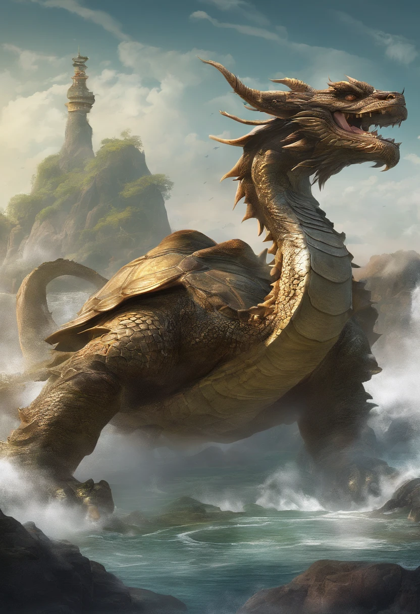 China-style,mitologia chinesa,Dragon Turtle,torneira,angular,((Corpo de tartaruga)),Concha gigante da tartaruga,(Concha pesada de tartaruga:1.4),A cauda da cobra cresce,has horns on its head,rugido,feroz,Gigantesco,Os olhos brilham luz azul,O mar,ondas enormes,cercado por nuvem,中景 the scene is,Corpo inteiro como, VFX surreal altamente detalhado,oc renderizado,
