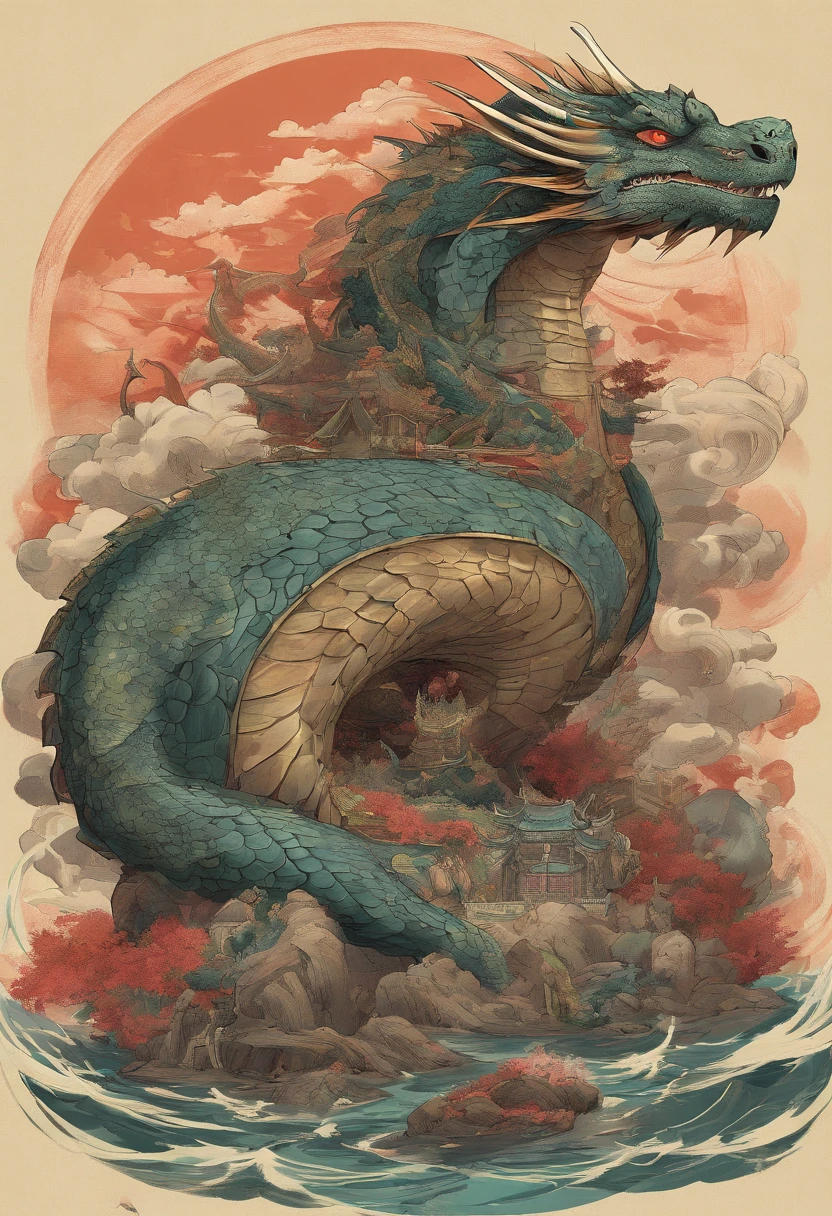 Dragon turtle,Huge, Heavy tortoiseshell shell,Chinese leader,The long tail of the snake,swell sea,China-style,oc rendered,super-fine,high qulity,A high resolution
