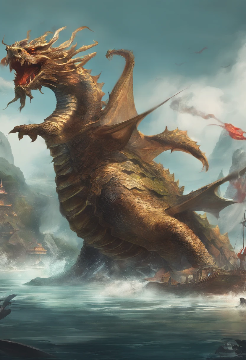 Dragon turtle,Huge, Heavy tortoiseshell shell,Chinese leader,The long tail of the snake,swell sea,China-style,oc rendered,super-fine,high qulity,A high resolution