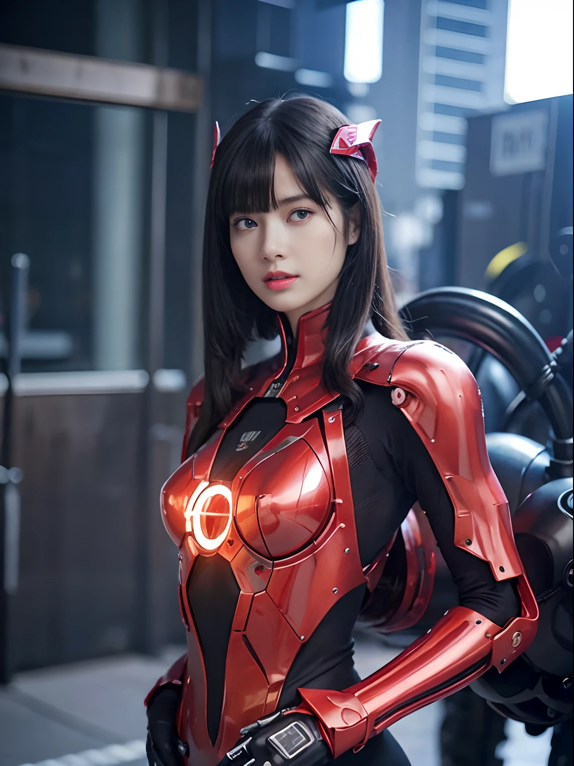 (Fight against mechanical robot soldiers)、top-quality、masterpiece、超A high resolution、(Futuristic machine gun、holding knive),(Wearing a futuristic hat)、(Photorealsitic:1.4)、Raw photo、女の子1人、Black hair、glowy skin、((1 Mechanical Girl))、((super realistic details))、portlate、(Small LED lamp)、Wire tubes that glow all over the body、(With state-of-the-art weapons),globalillumination、Shadow、octan render、8K、Armpit、ultrasharp、Colossal tits、Small LED lamp、Raw skin is exposed in cleavage、metals、blood vessels connected to tubes、With weapons、Red bodysuit、Armpit、Cyberpunk city background、Details of complex ornaments、Japan details、highly intricate detail、Realistic light、CGSoation Trends、Blue eyes、radiant eyes、Facing the camera、neon details、(Helmet of the Brave)、Mechanical limbs、blood vessels connected to tubes、Mechanical vertebrae attached to the back、mechanical cervical attaching to neck、Wires and cables connecting to the head、Gundam、Small LED lamp、Toostock、Toostock、Futuristic machine gun、Knives、(Red Metallic Bodysuit),