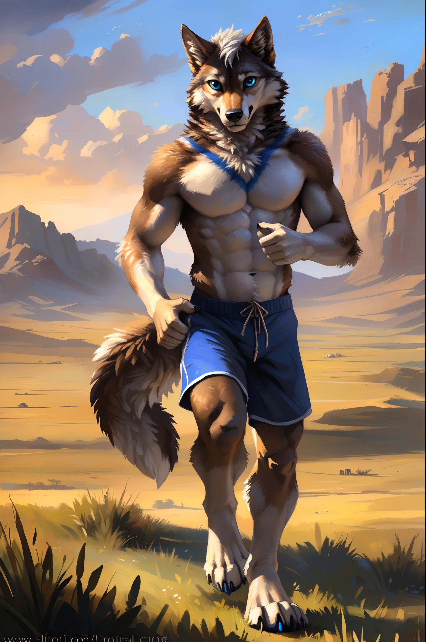 ((Solo)), male people, anthro wolf, (Multi-colored fur, White-brown:1.3), ((Wolf face, White hair, Big eyes, White eyelids, Blue pupil, Slim:1.2) (Tough, Calm expression:1.2)), Abs, Slim, pinging)), (Correct anatomy), (Work shorts:1.1), (Contour bone:1.2), The upper body is naked, (detailed outfits),A big tail，Feet，(Realistic fur, Detailed fur texture, labeled:1.3)), (Natural lighting), Photorealistic, Hyperrealistic, ultradetailed, by Kenket，Endless grasslands，No buildings，Running on