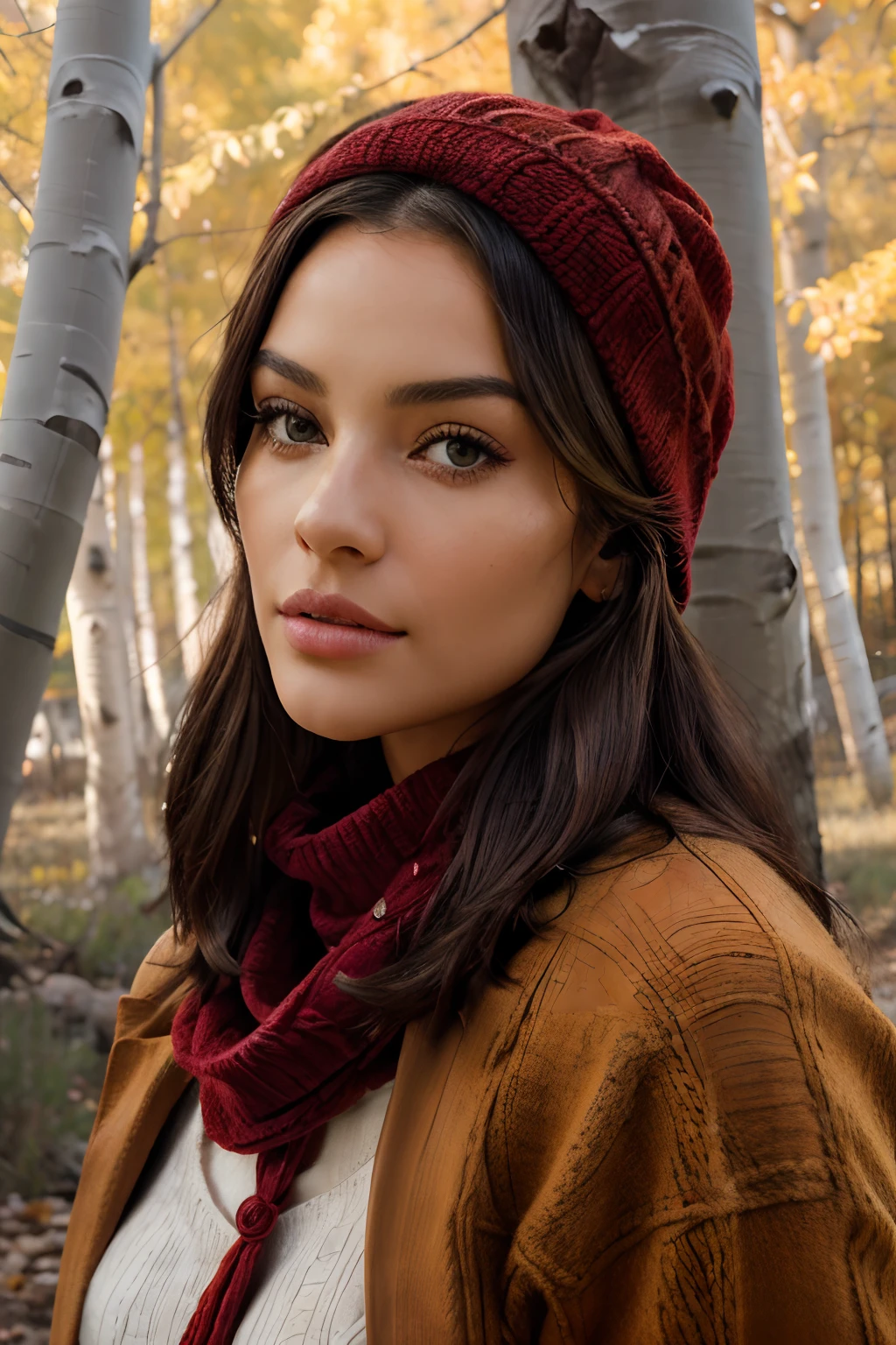 solo woman, in front of fall aspen trees, (highest quality texture), (vivid fall colored leaves: orange, red, yellow, green leaves) on the aspen trees, fall colored background, film quality, dark skinned woman dressed in high style fashion, she wears red velvet scarf, (highest level red velvet texture detail, luxurious), (extreme detail of her lips ), she wears fuzzy (thick cable knit stocking cap) pulled to her brow, (extreme knit hat detail texture), she's in front of beautiful fall aspen trees ,soft accent autumns light, (ultra-real), crisp gorgeous rembranndt like lighting, (Rembrandt patch), (highest quality window details), fall mountain aspens trees in background, silky long dark hair, hair bangs to her eyes, every detail,Fine facial features, Masterpiece – Masterpiece ○○ quality – ○○ quality best quality(Highest Quality) ,Leica film, best, solo female, High quality (hiquality)　etc ○○ detailed – ○○ details ultra detailed(Ultra-fine ), Photorealistic, Extremely detailed(Extremely detailed) , Finely detailed(Fine-grained), (highest detail skin texture peachfuzz earlobe realistic)　etc ○○ res – ○○ resolution ultra high res(A high resolution) , very high texture res(light resolution), Realistic – Realistic Photorealistic – photorealistic beautiful – beautiful 4k , 8K,extreme detail of nature, dreamy, close and intimate, she looks to viewer, captivating eyes looking at us, (highest quality eye: pupil, eyelashes, sciera, iris ((iris is ultra-realistic details of color))), calming and relaxed in fall photoshoot