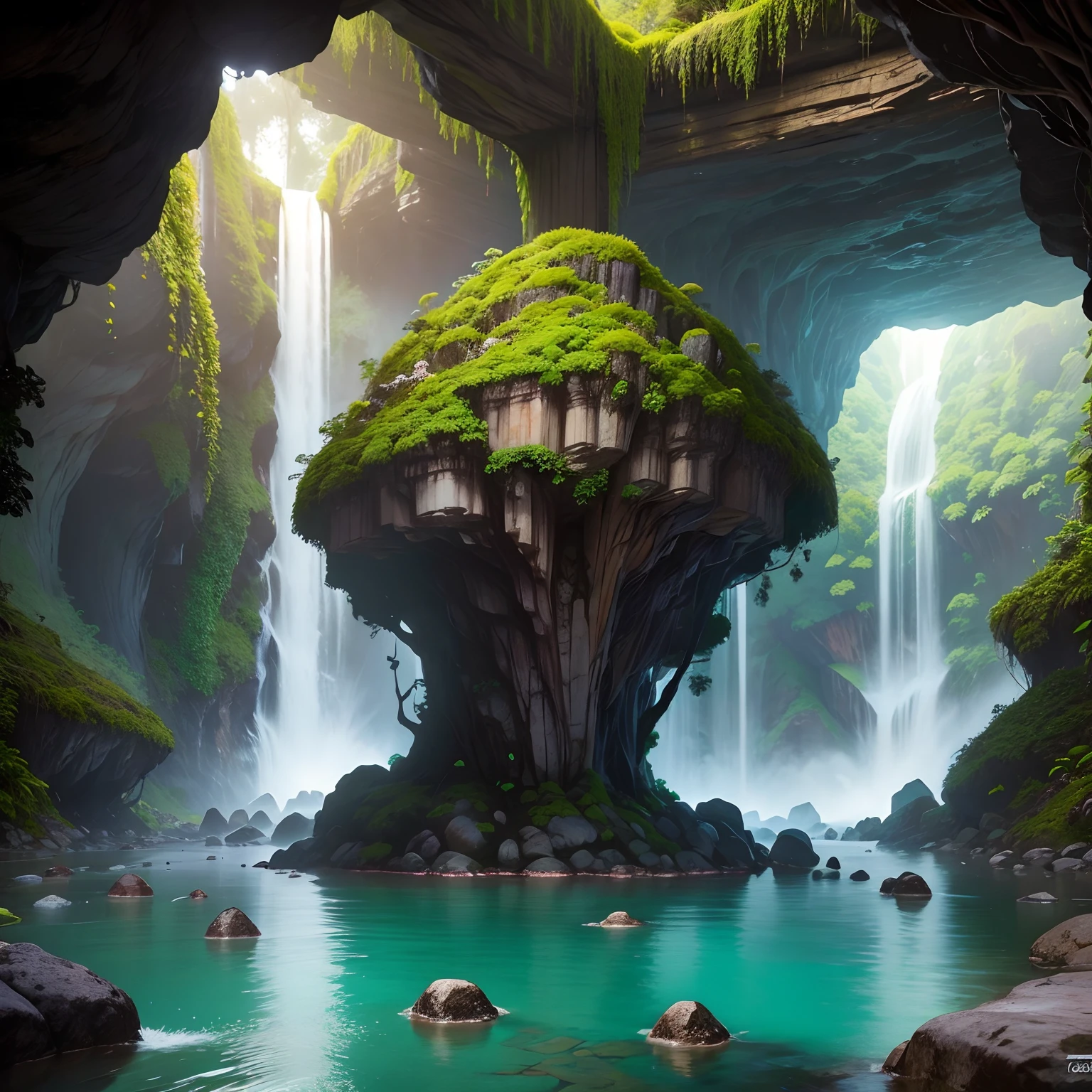 Caverna de flores perto da floresta encantada, cachoeira, pedras preciosas, birds flying, brilho nas flores, magic lights, alta qualidade, super realista, hiper detalhado, 10k.